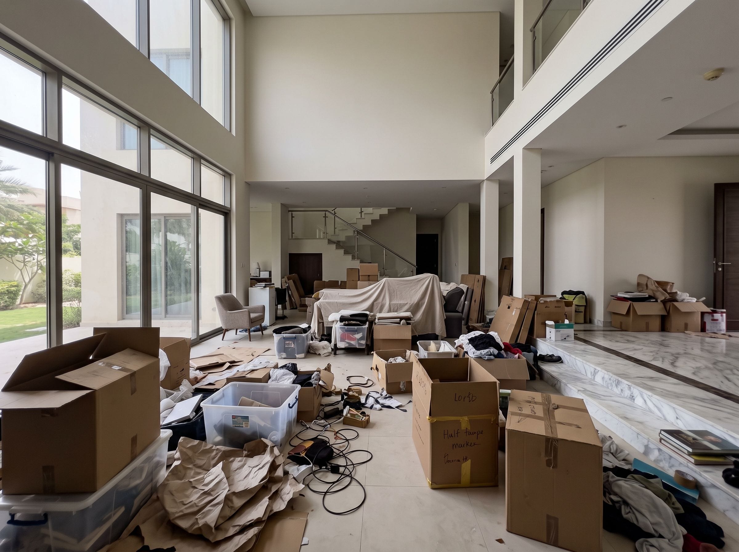 A double-height villa living room cluttered with open boxes, covered furniture, cables and packing paper before a junk removal