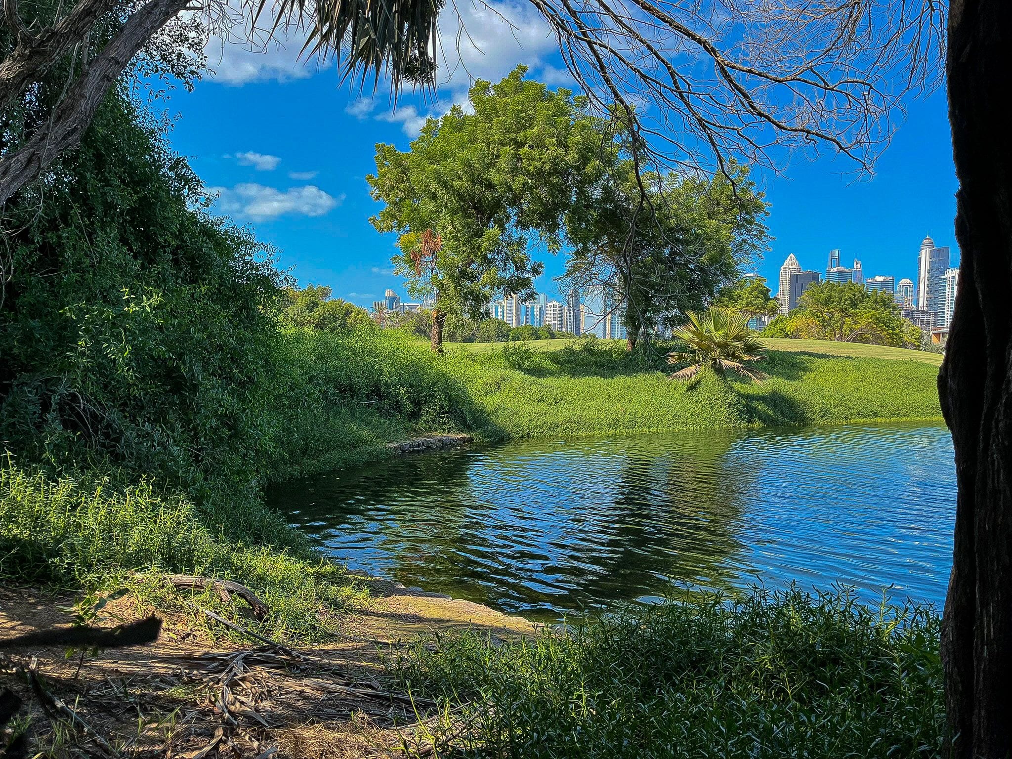 Lakeside fairway with the Dubai skyline behind, in the Emirates Hills golf community next to Dubai Hills