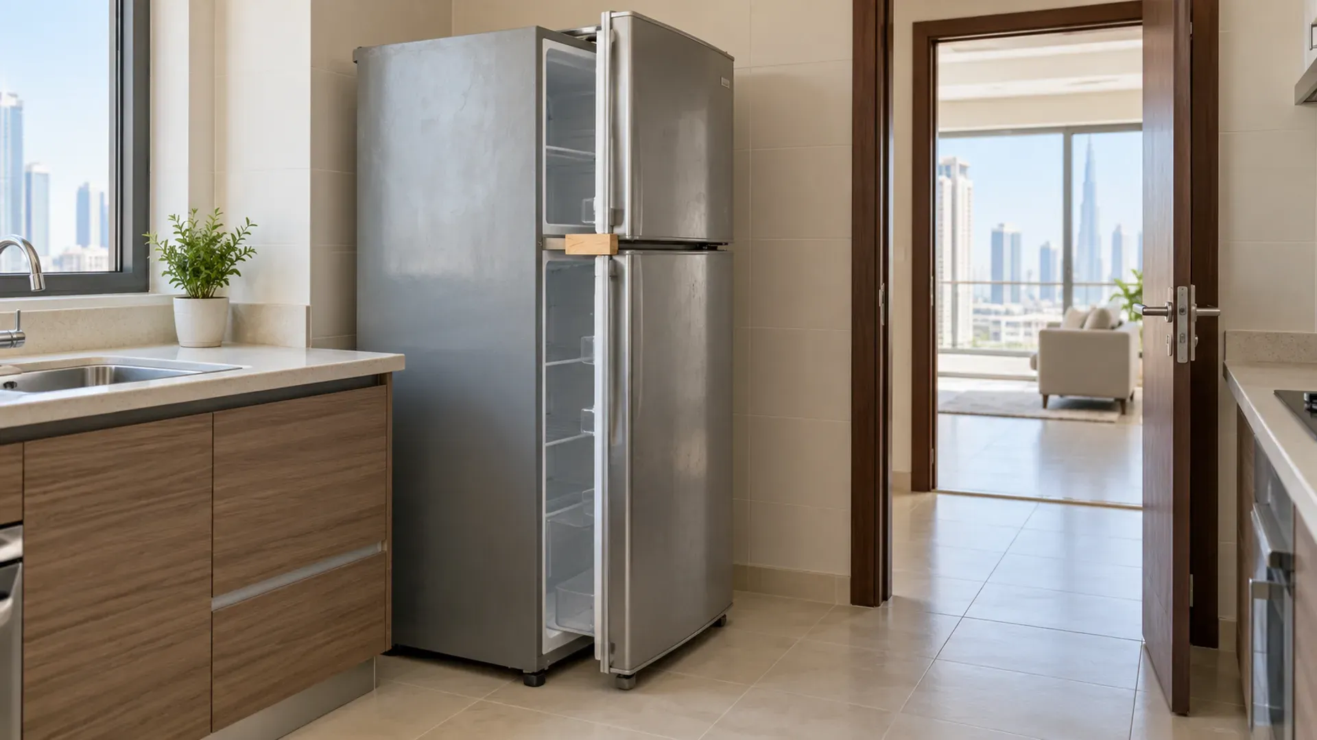 An empty refrigerator prepared for collection beside a clear kitchen doorway in a Dubai apartment.