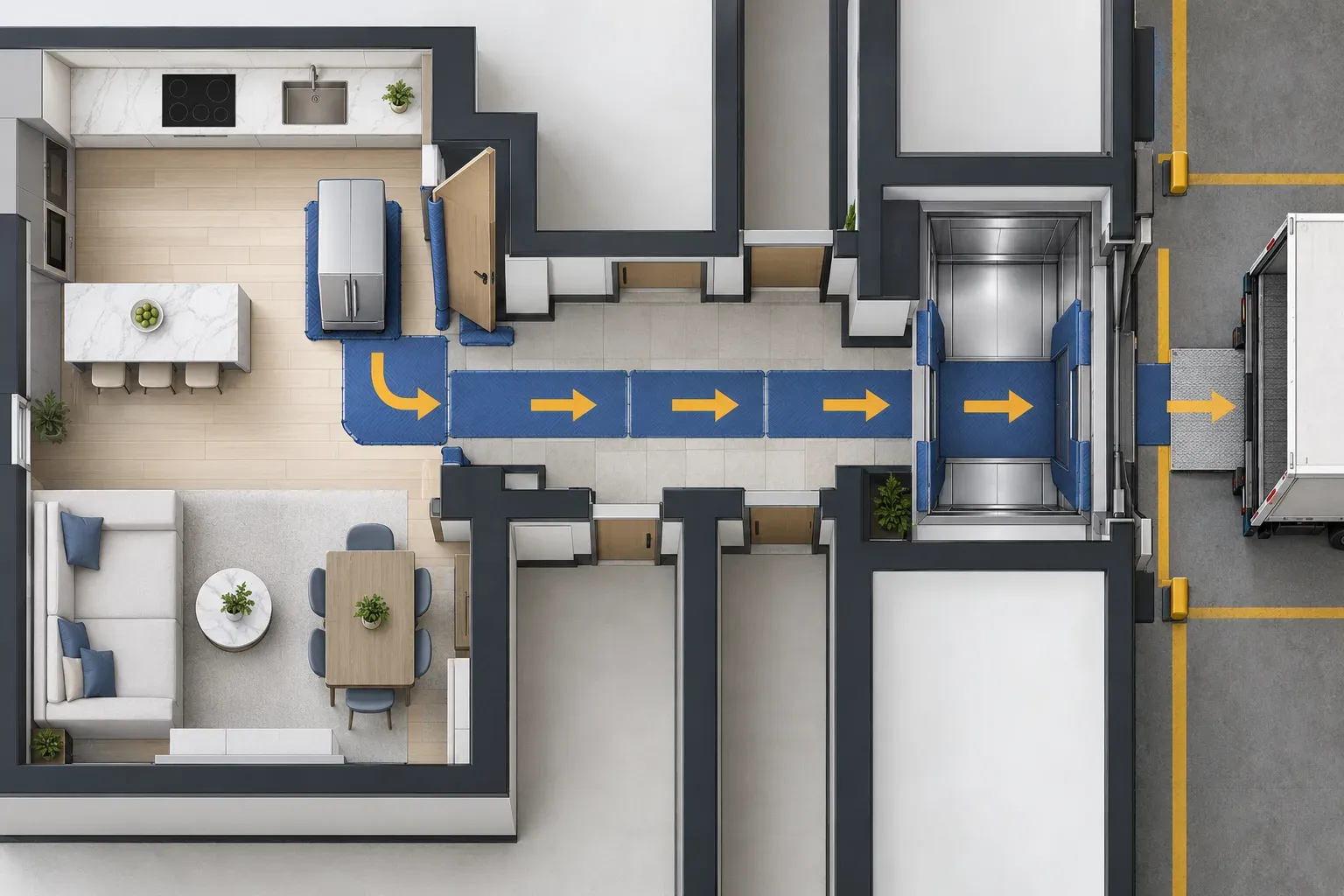 A top-down apartment plan showing an empty refrigerator following a protected route through measured doorways to a service lift.