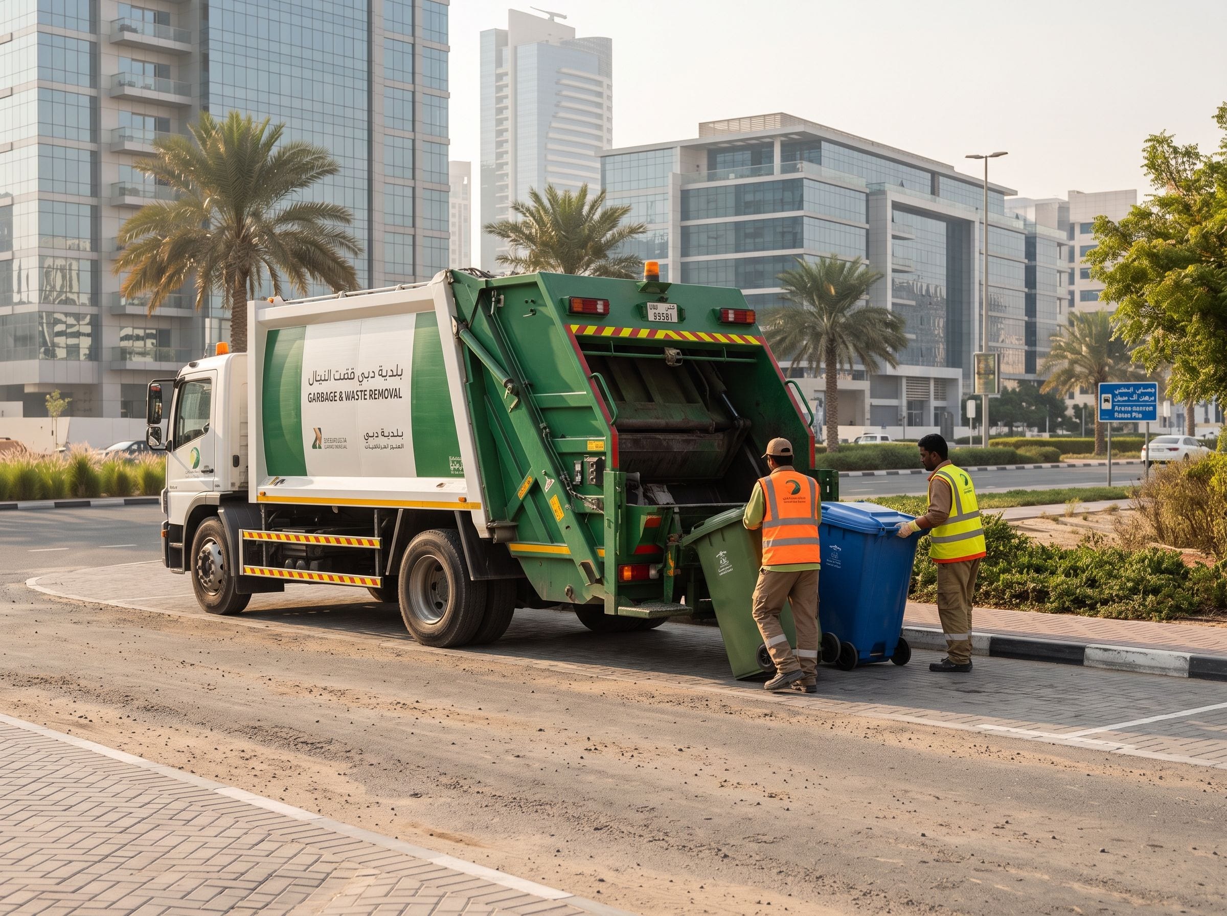 Crew in hi-vis vests wheeling green and blue bins to a waste collection truck outside office towers in Dubai