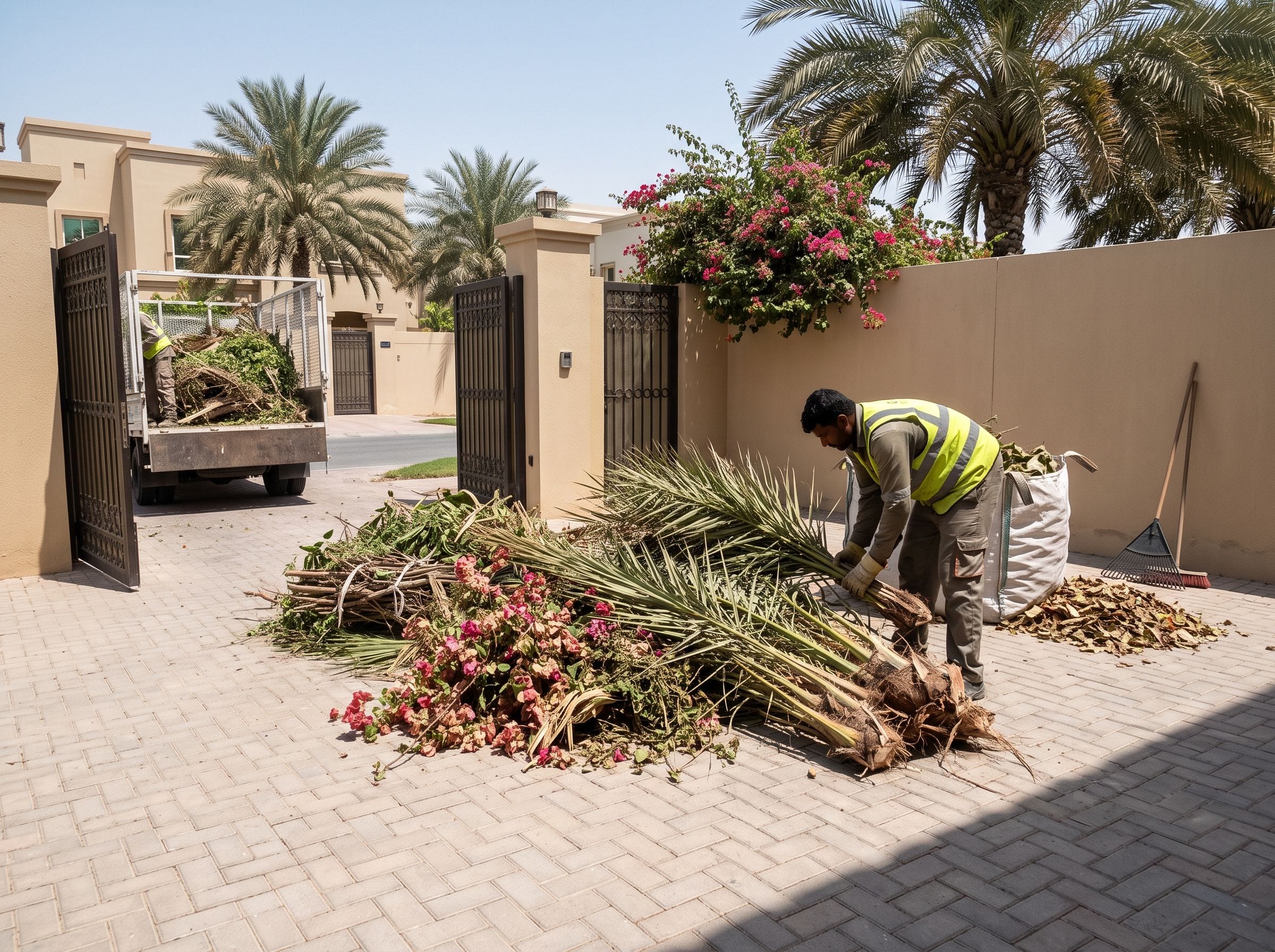 A worker in a hi-vis vest bundling cut palm fronds and bougainvillea trimmings in a villa driveway while a truck is loaded at the gate