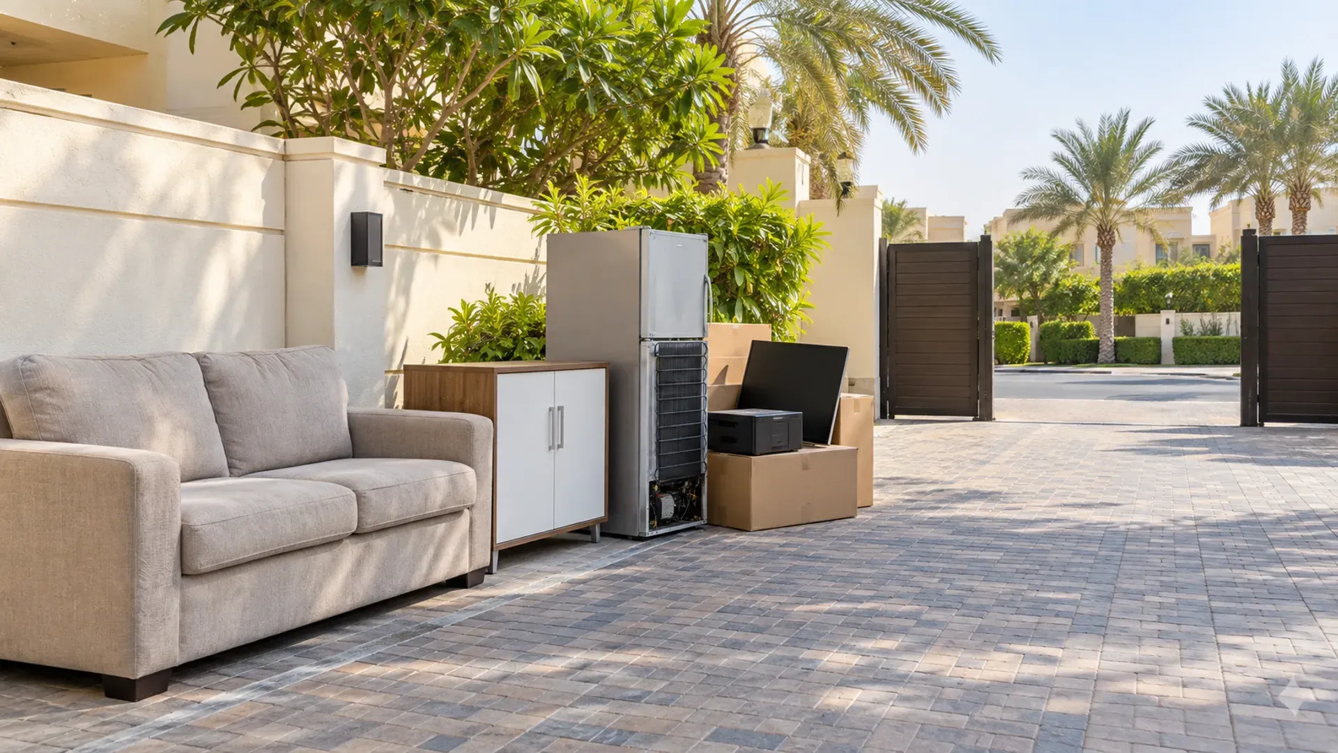 Household furniture, an appliance and electronics grouped safely inside a villa driveway with a clear vehicle approach.