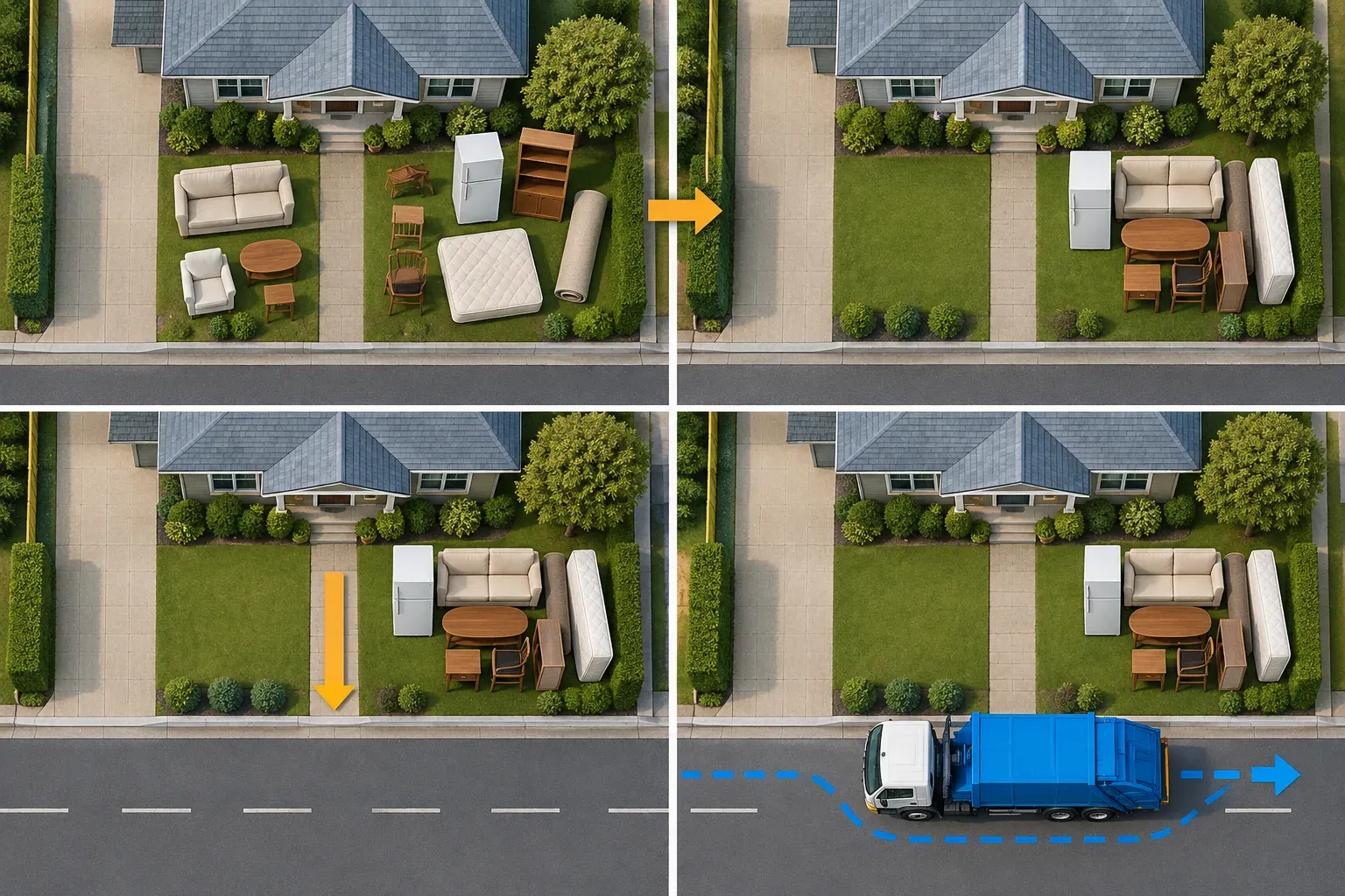 A four-stage top-down preparation sequence showing household bulky items inside a property and a scheduled collection route.