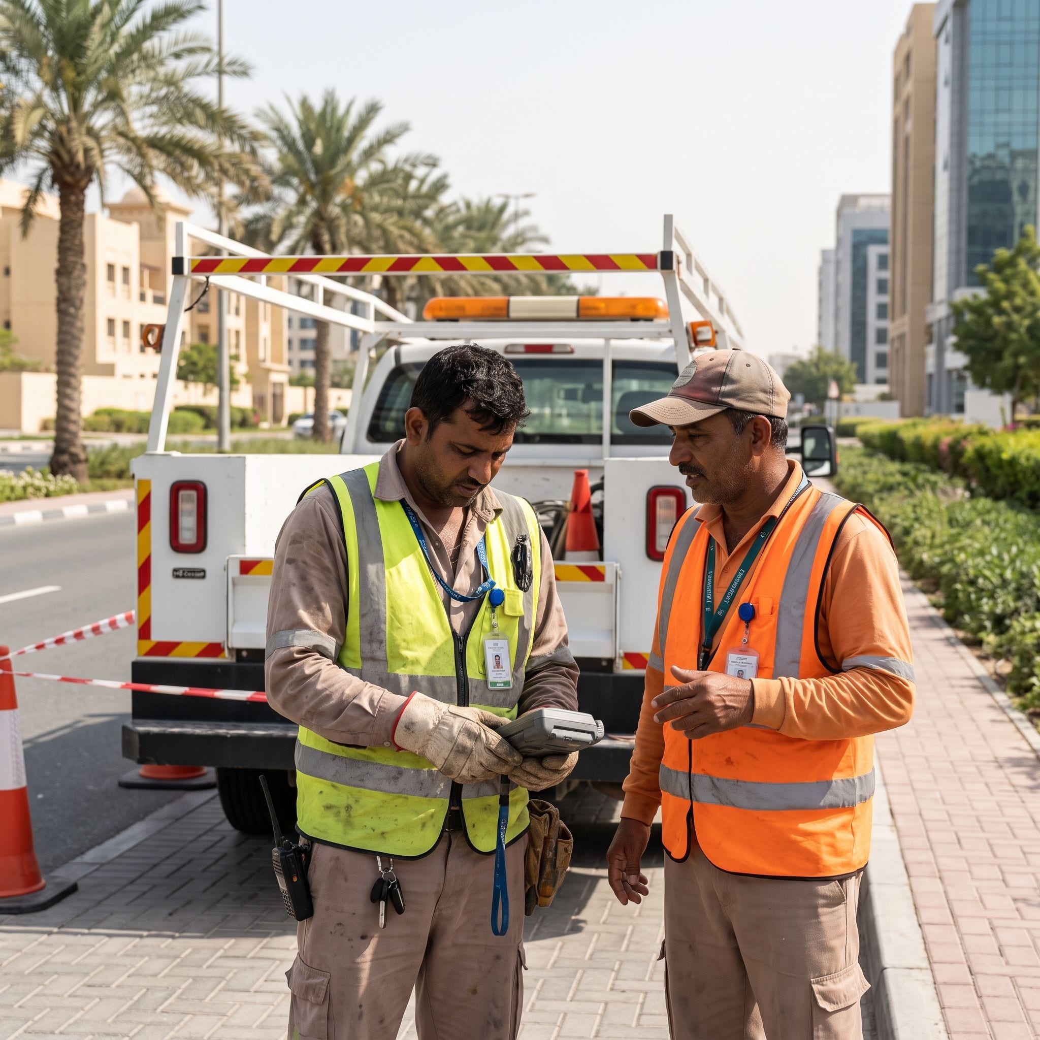 Two crew in hi-vis vests checking a job on a handheld device beside their pickup truck on a Dubai street