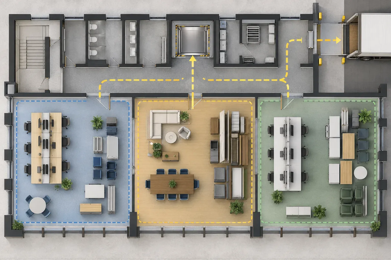 A top-down office plan with three organised work zones and clear routes to a protected service lift and loading point.