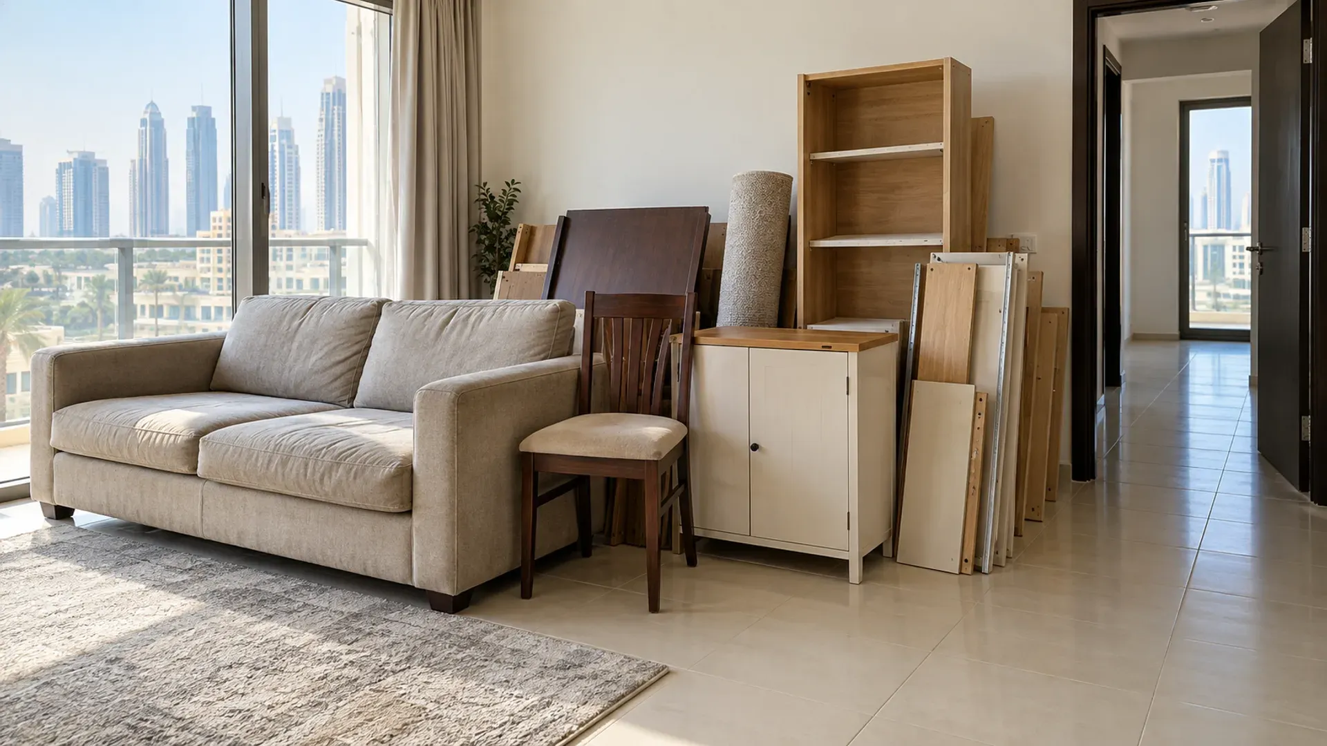 A sofa, chair, cabinet and dismantled shelving grouped safely beside a clear apartment doorway.