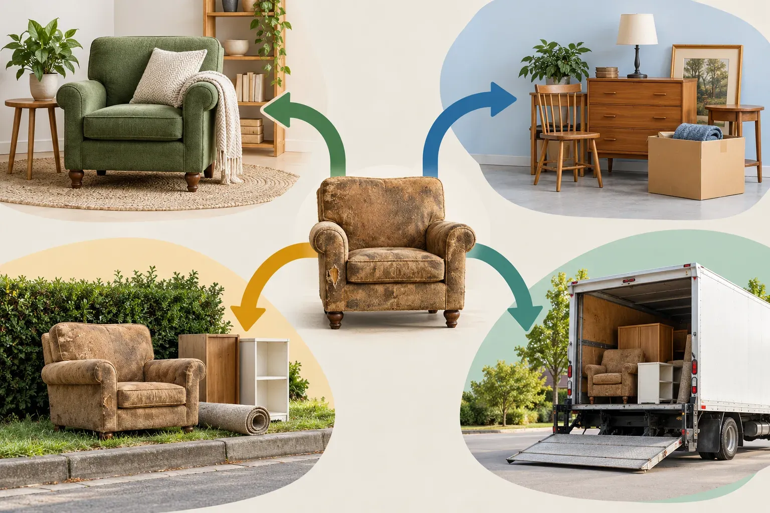 An old armchair at the centre of four equal visual routes representing reuse, recipient collection, official bulky-waste service and paid collection.