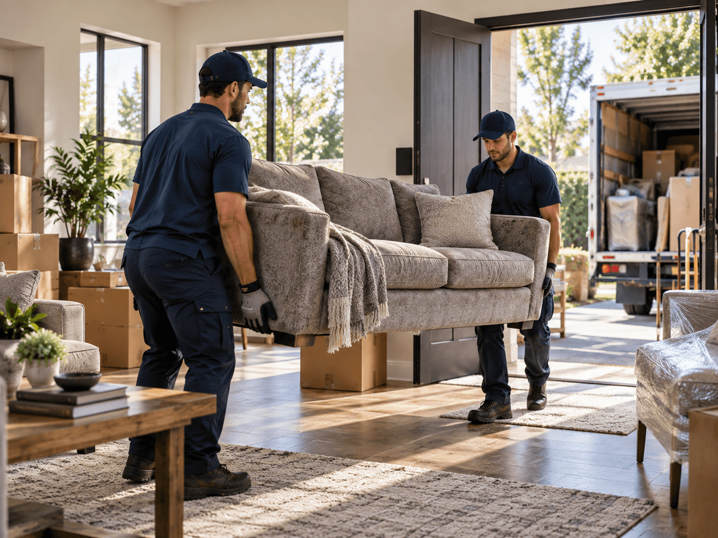 Two crew in navy uniforms carrying a grey fabric sofa out of a living room towards an open truck