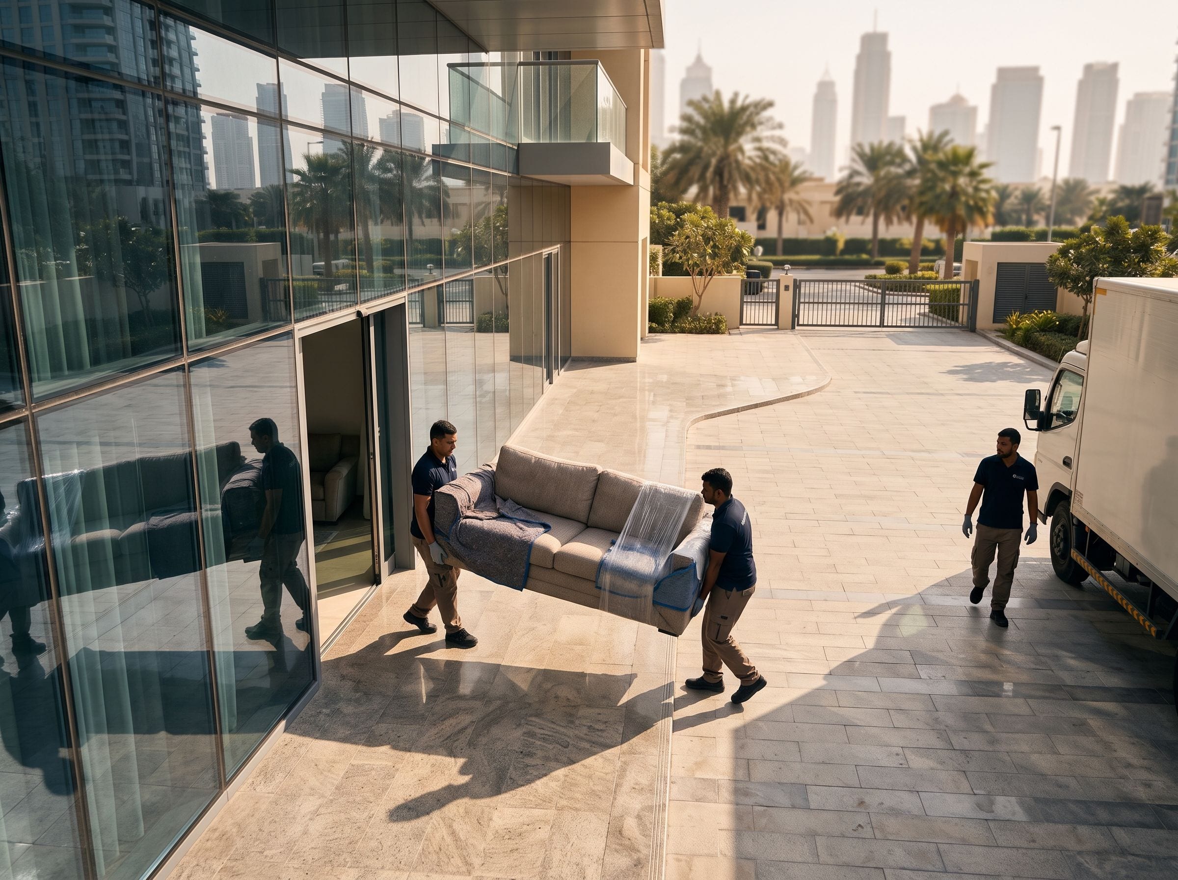 Two uniformed Junk Services Dubai crew carrying a wrapped sofa out of a glass-fronted Dubai building towards their truck