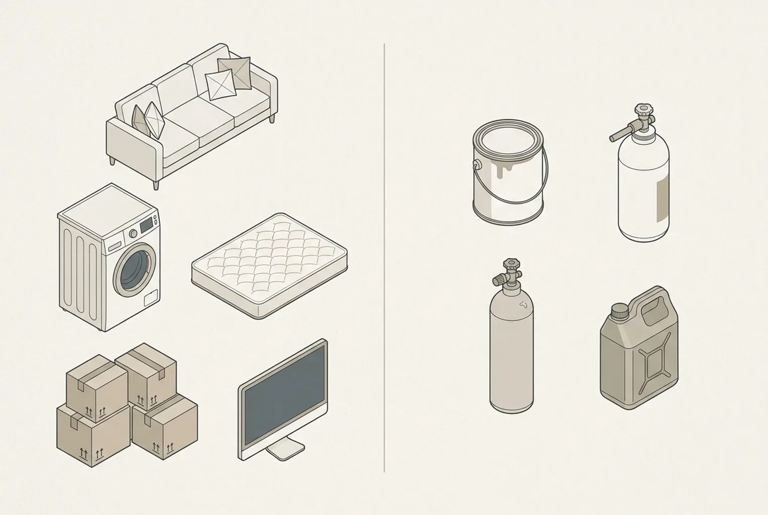 A clean architectural comparison diagram showing generic line-art items of accepted household furniture and appliances on the left against excluded hazardous chemicals and gas cylinders on the right.