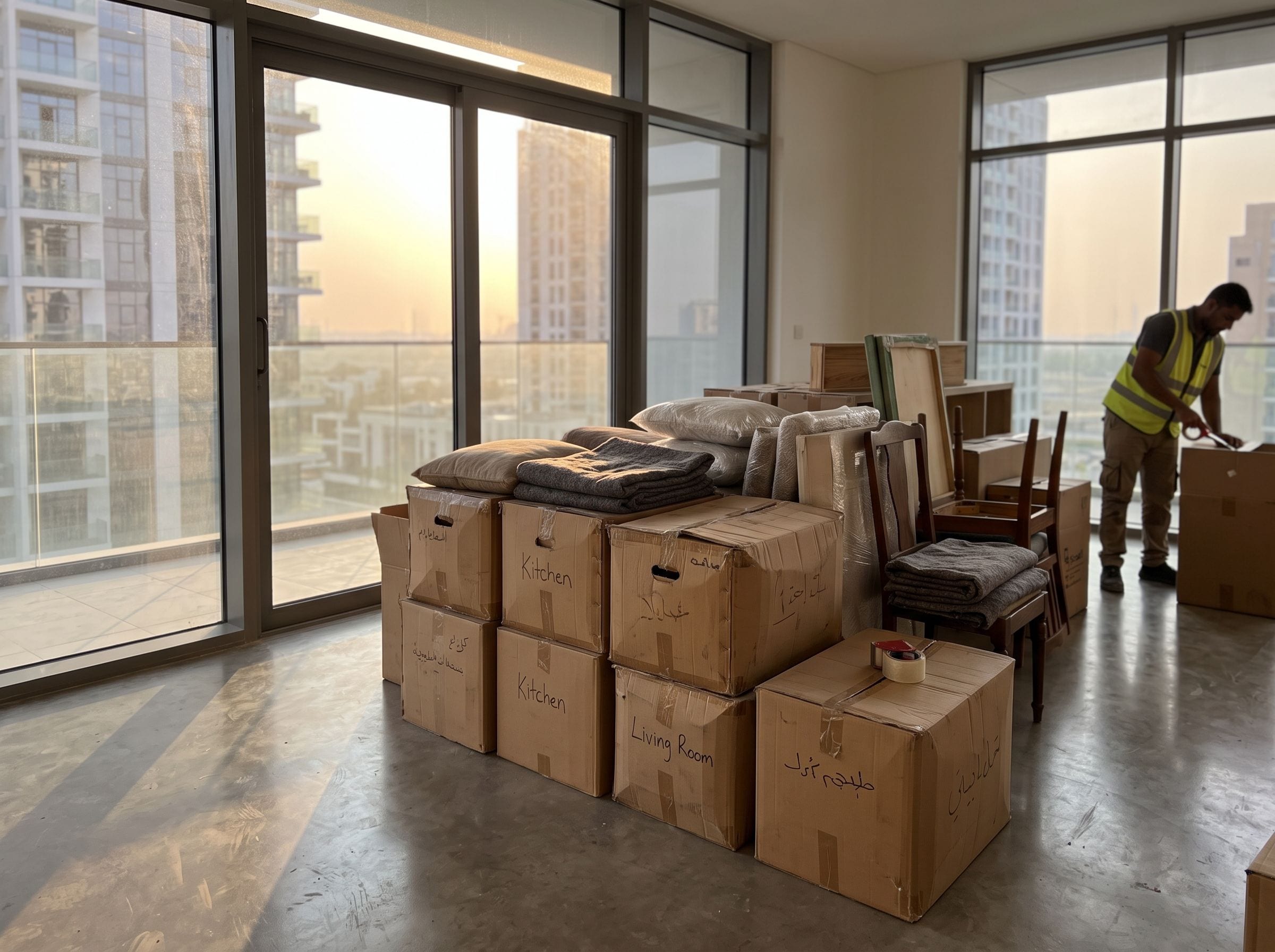 A crew member in a hi-vis vest taping up labelled boxes beside stacked chairs in a high-rise apartment at sunset