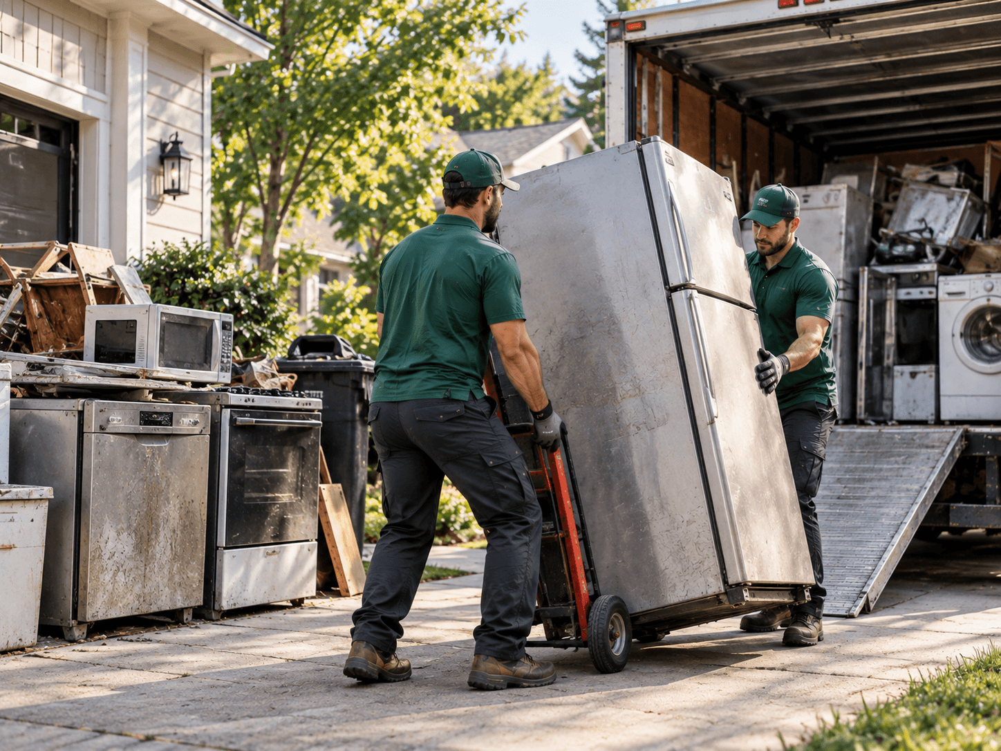 Two crew in green uniforms moving an old fridge on a trolley up a truck ramp, with a cooker, dishwasher and microwave waiting beside them