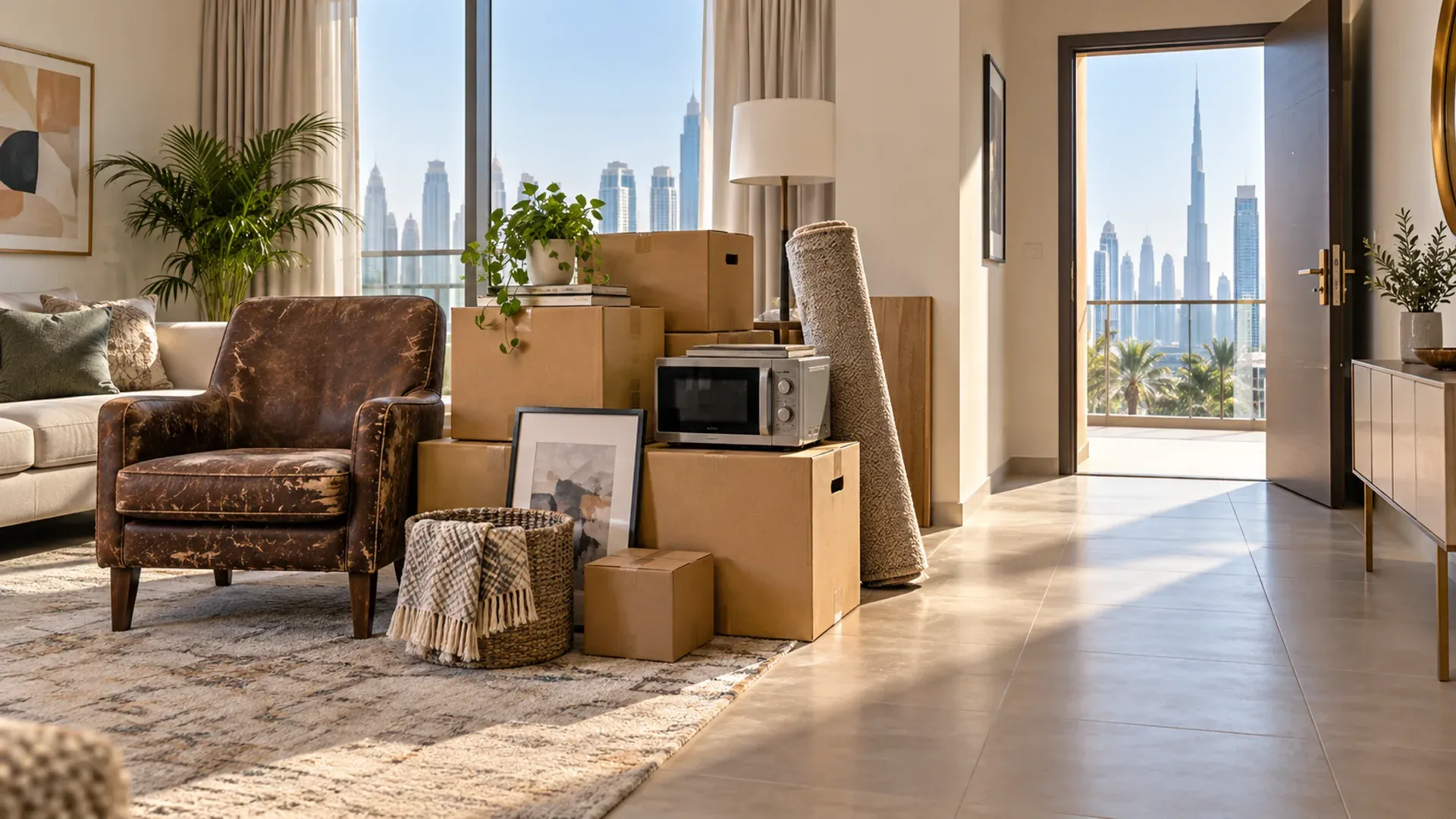 Boxes, an old chair, a small appliance and a rolled rug grouped beside a clear path to an open apartment door.