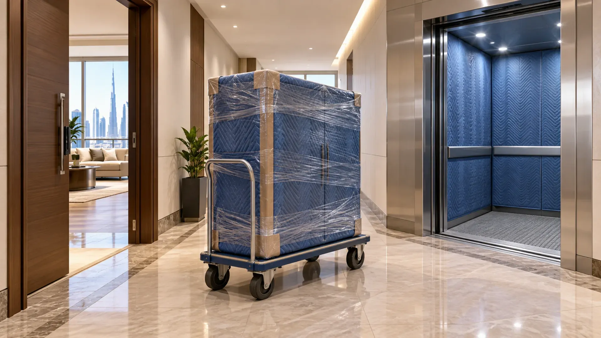 A large wrapped cabinet on a trolley beside an open padded service lift in an apartment tower corridor.