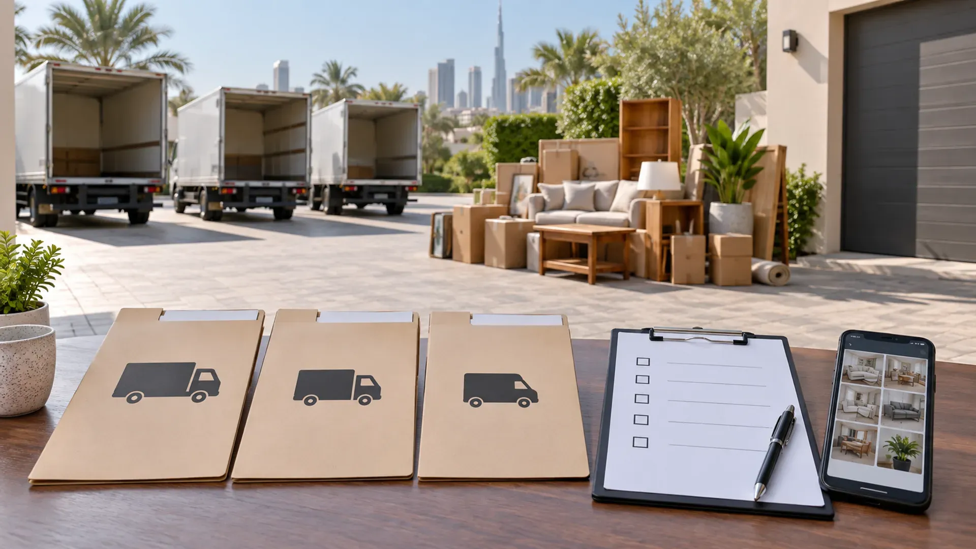 Three blank provider folders and a checklist beside a photographed household load and generic removal vehicles.