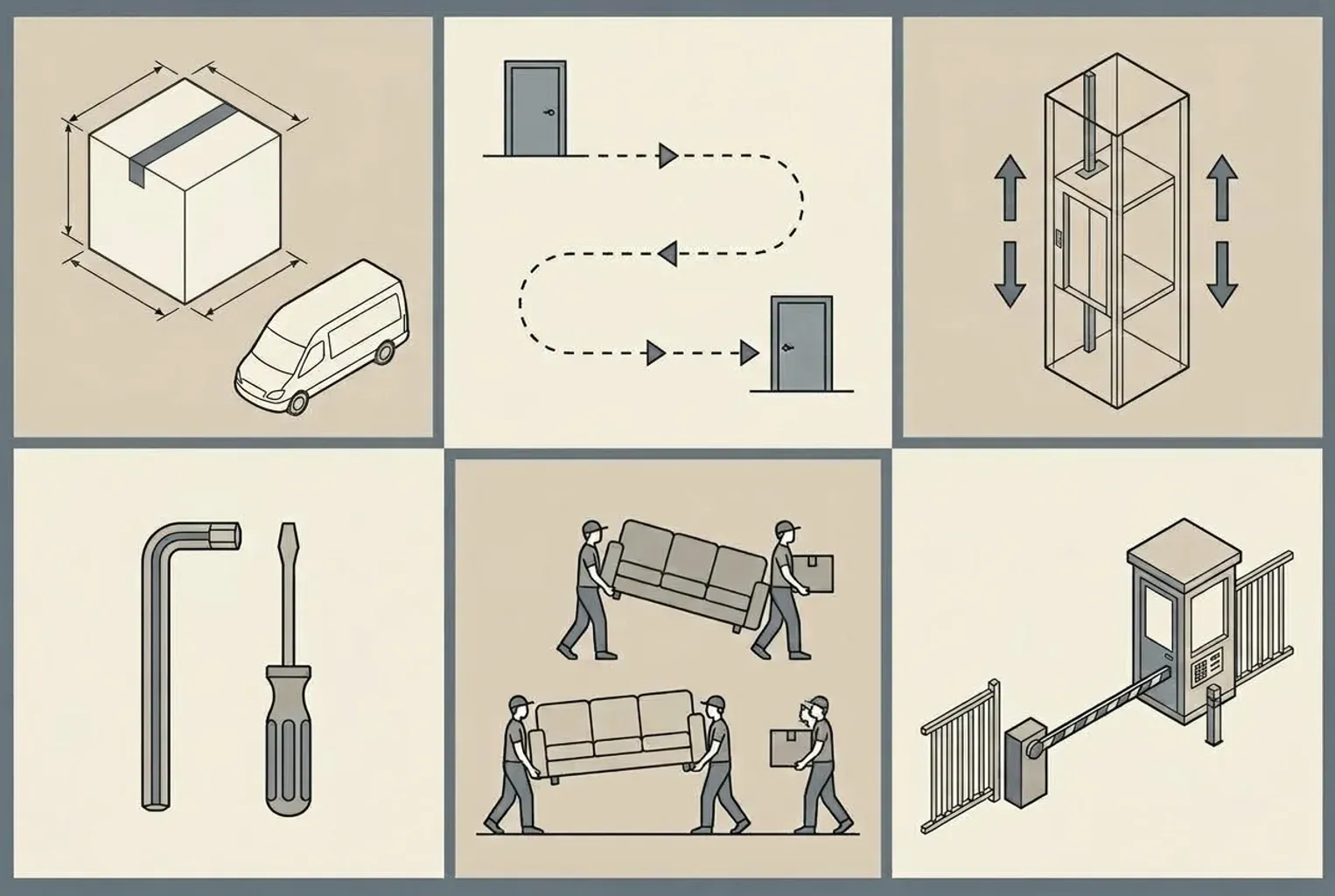 A clean architectural infographic diagram illustrating the key variables of a clearance quote including vehicle volume, access distance, elevator availability, furniture dismantling, crew labor, and municipal disposal.