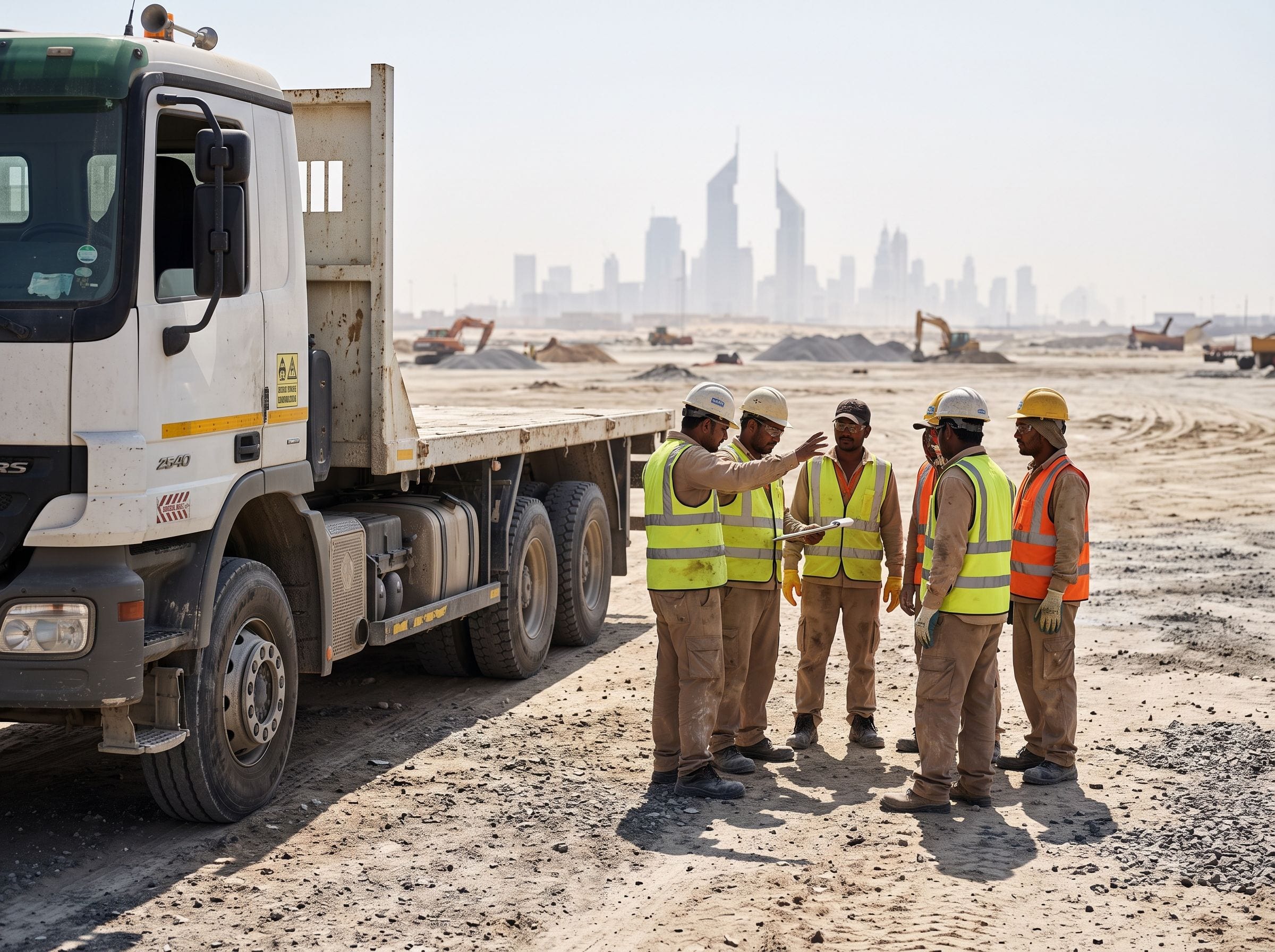 Five crew in hi-vis vests and hard hats talking beside a flatbed truck on a sandy site, with the Dubai skyline behind
