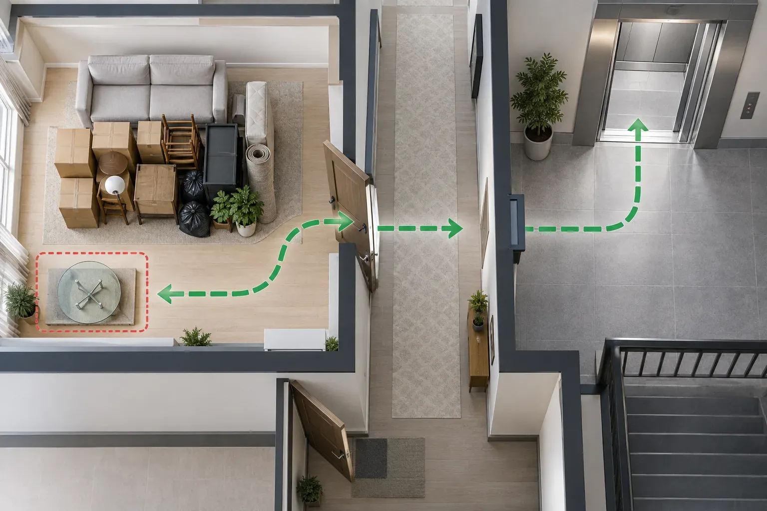 A top-down apartment plan with removal items grouped away from a clear route through open doors to the lift.