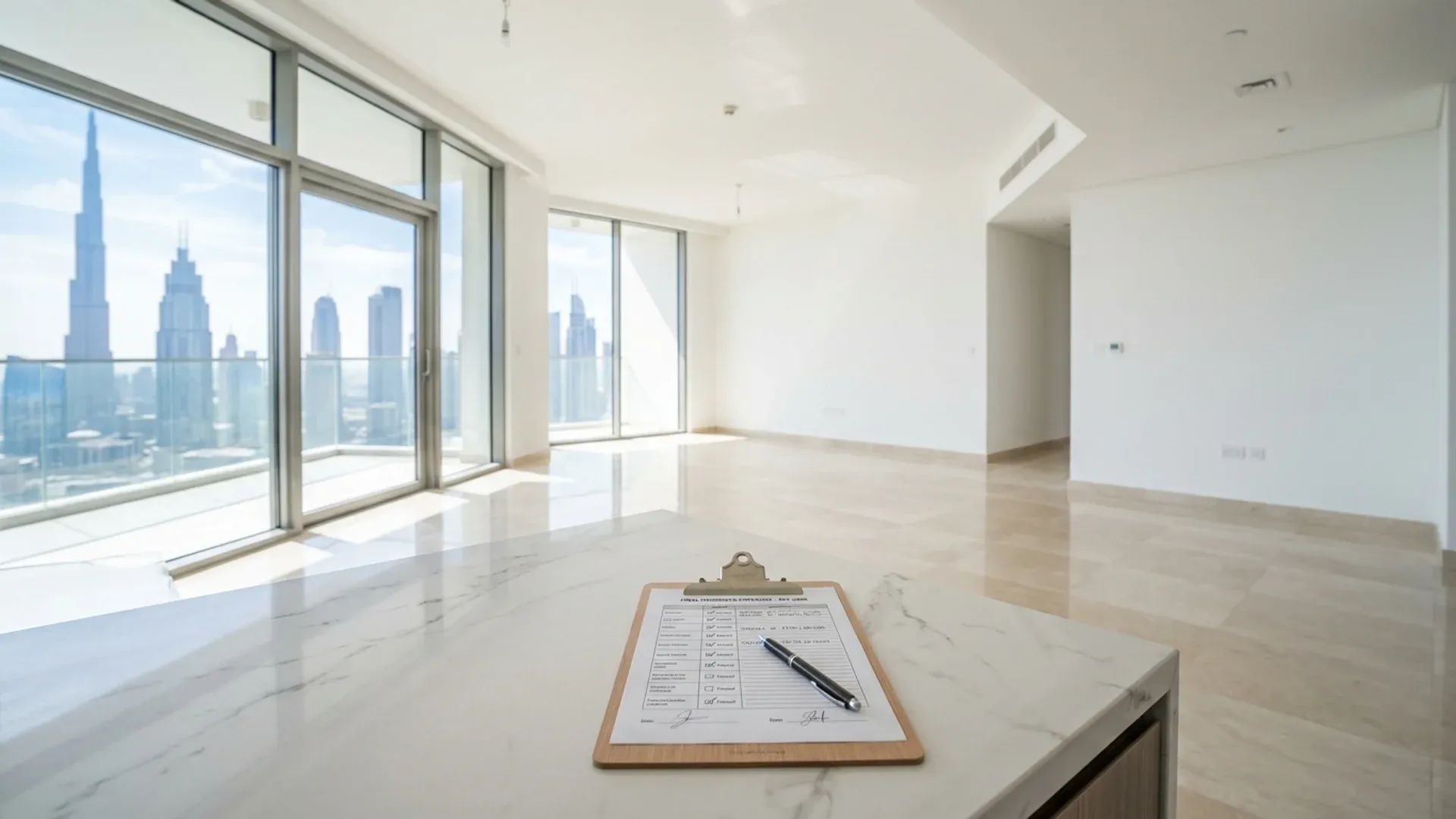 A bright, vacant modern Dubai apartment living room during a move-out handover inspection with an inspection clipboard on a counter in the foreground.