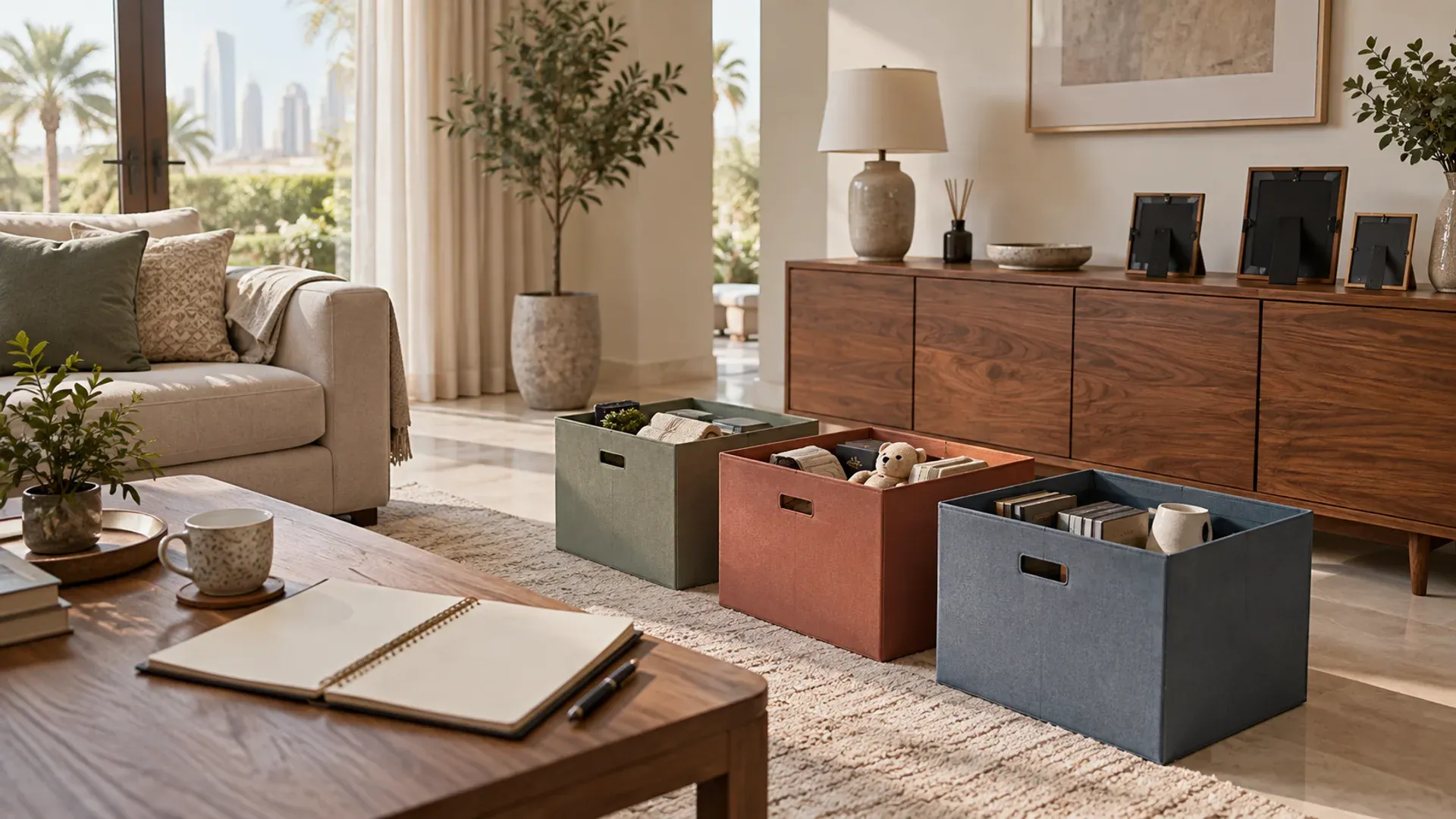 A calm villa living room with household possessions organised in separate boxes beside a blank inventory notebook.