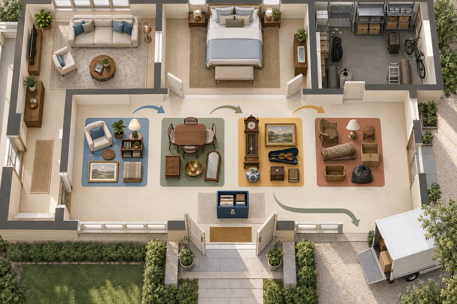 A top-down home plan with possessions organised into separate decision groups, a secure document box and a clear exit route.