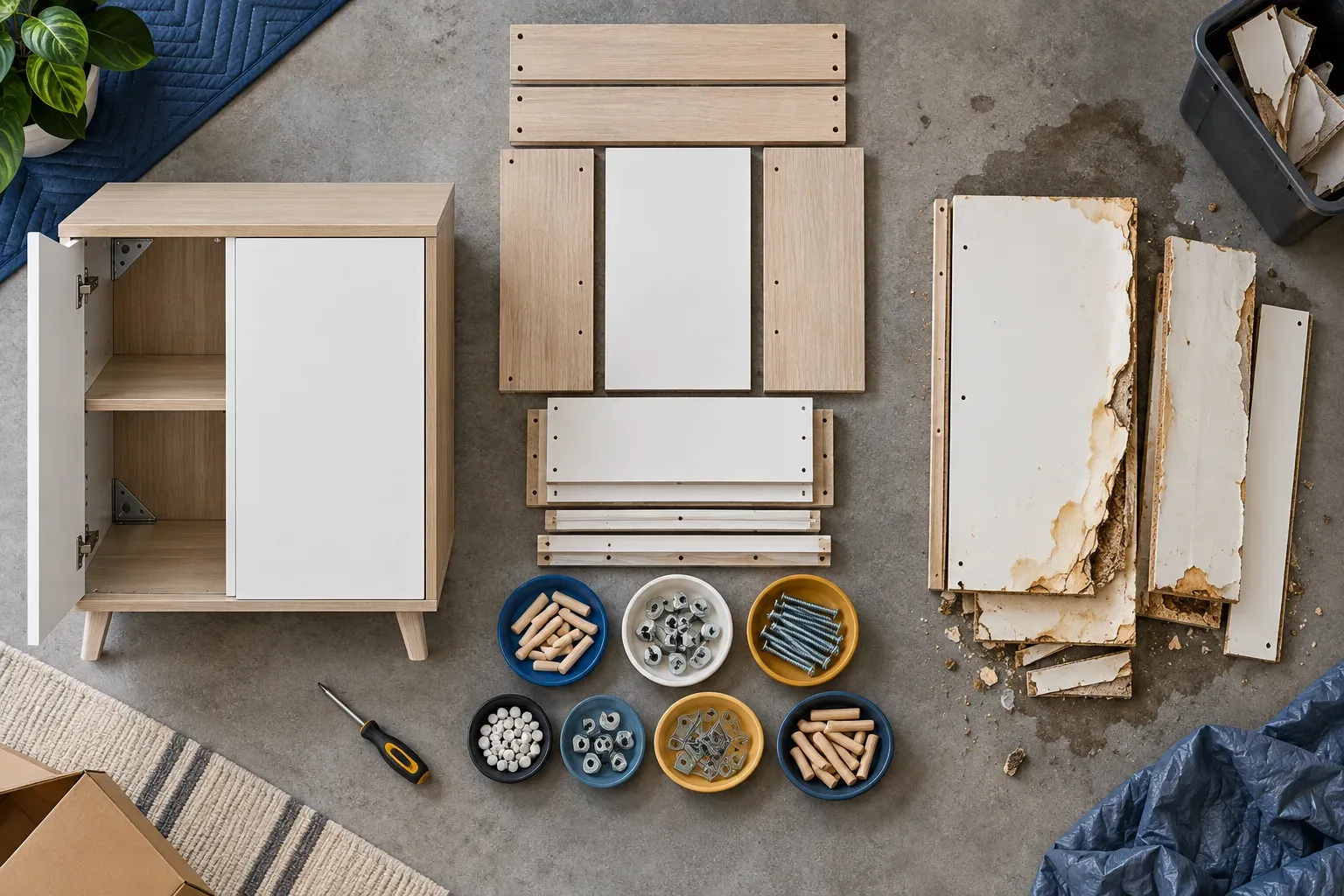 An intact cabinet, reusable flat-pack panels and damaged swollen panels arranged in separate condition groups with organised hardware.