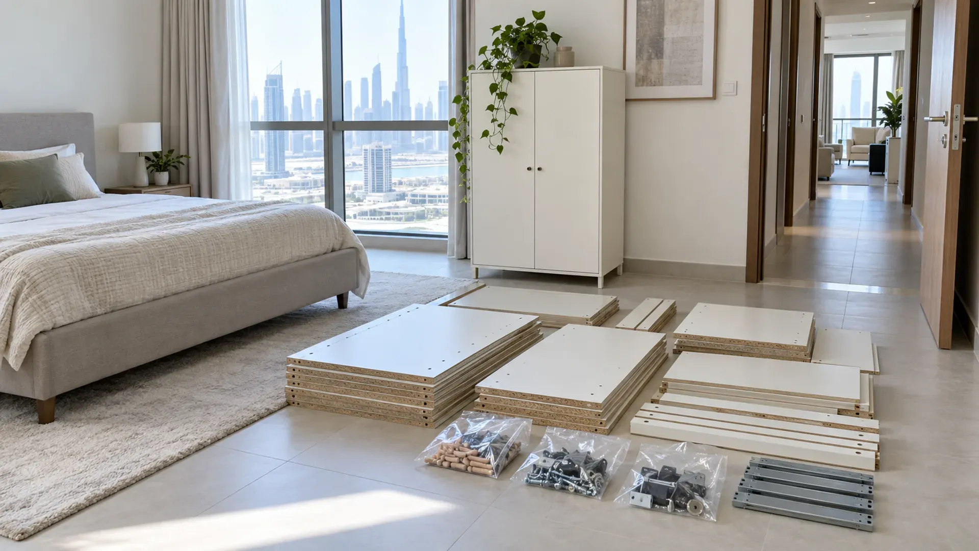 Flat-pack wardrobe panels and hardware arranged safely on a bedroom floor beside an intact cabinet and clear doorway.