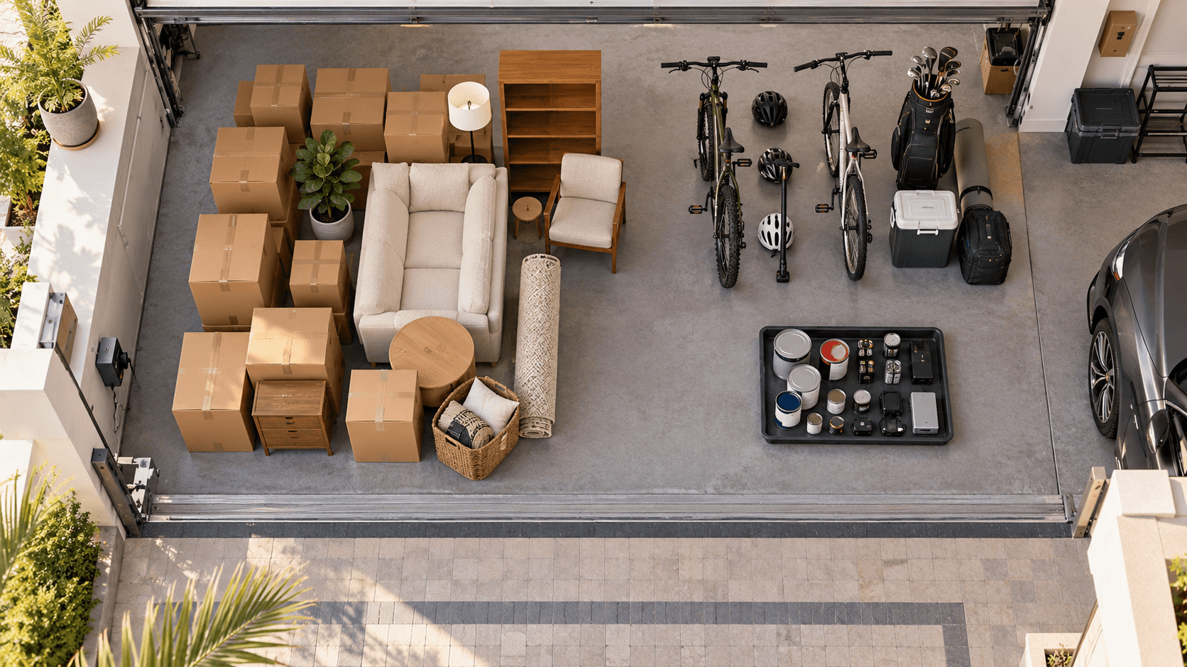 Separate groups of garage belongings and materials needing special handling