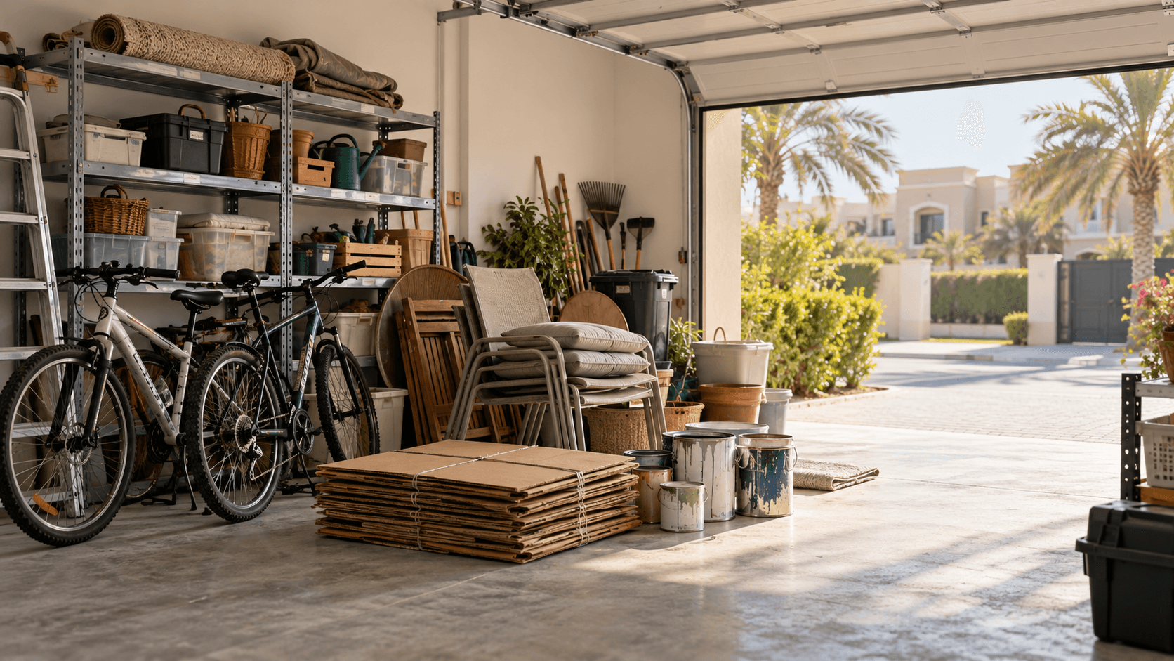 Bicycles, shelves, cartons and worn chairs gathered in a sunlit garage.