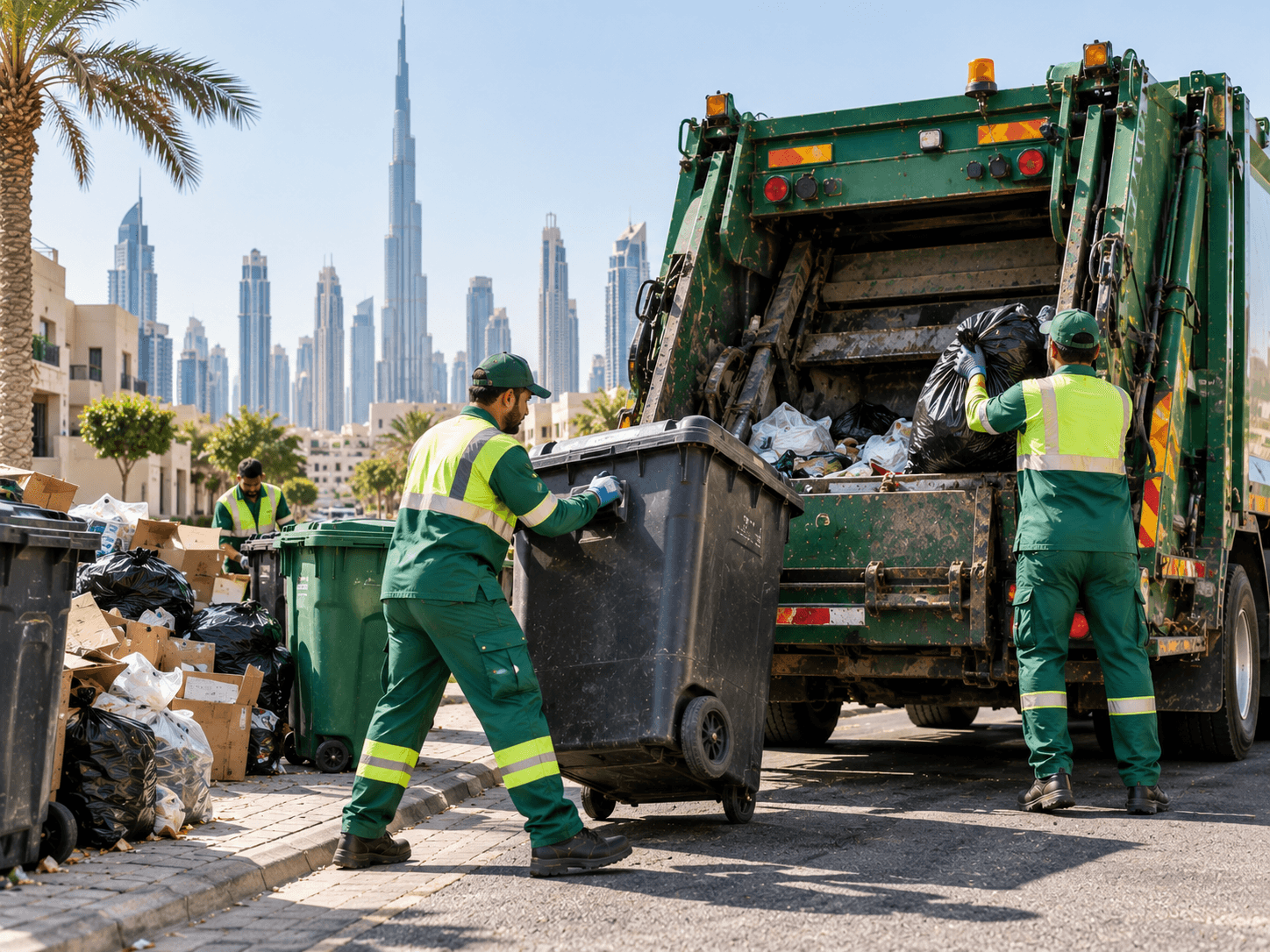 Two crew in green uniforms tipping wheelie bins of bagged household waste into a refuse truck, with the Burj Khalifa in the distance
