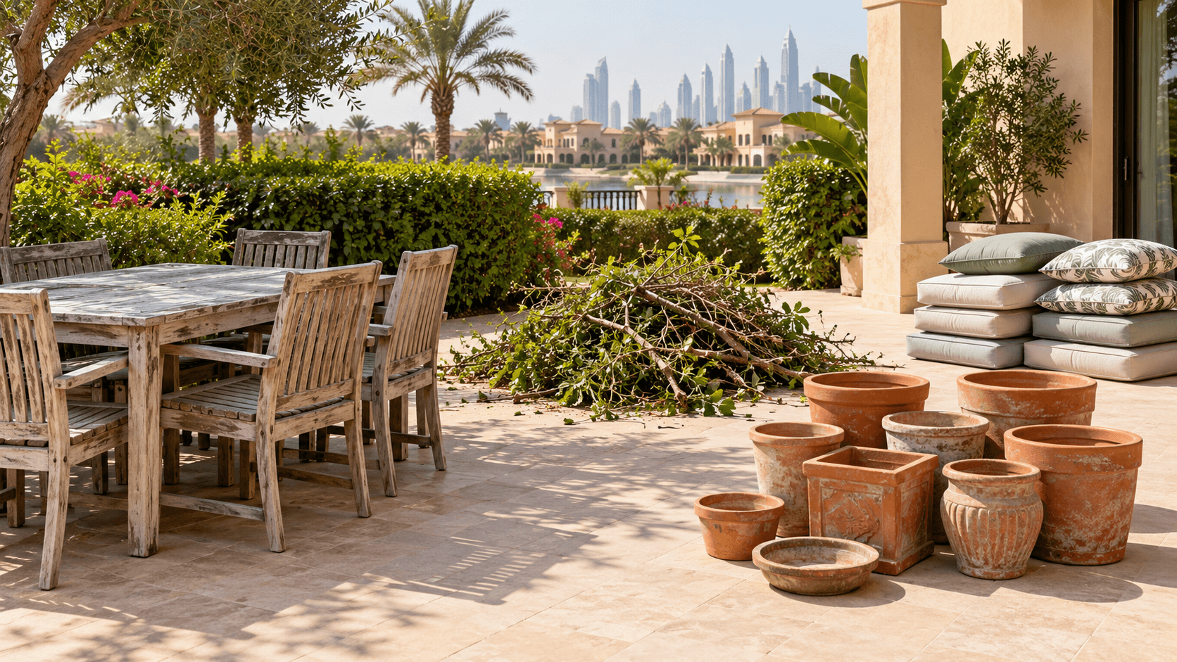 Outdoor furniture, branches, pots and cushions kept in separate groups