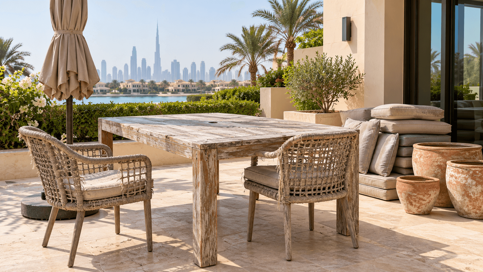 Weathered outdoor chairs and a table beside stacked cushions and empty pots on a patio.