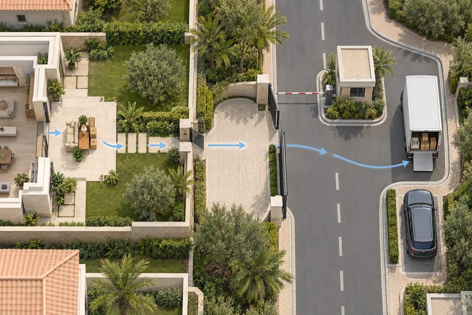 A top-down villa and community access plan showing a clear route from grouped household items through the gate to a collection vehicle.