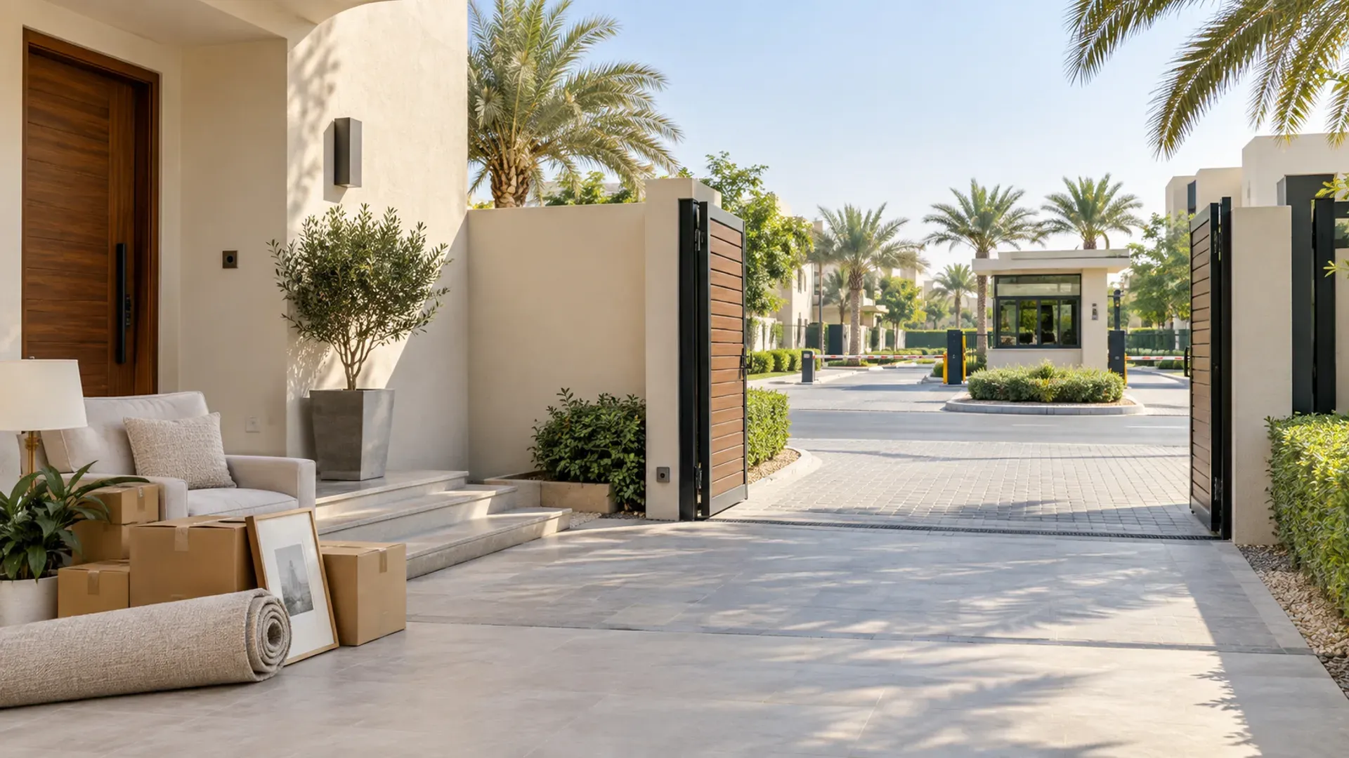 A modern villa with an open gate, clear driveway and grouped household items inside the property boundary.