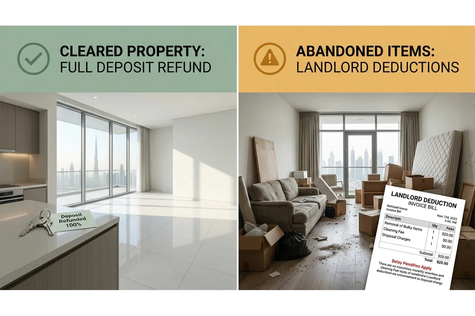 A side-by-side comparison diagram showing a fully cleared apartment achieving a full deposit refund versus an apartment with abandoned furniture incurring landlord contractor deductions and dispute delays.