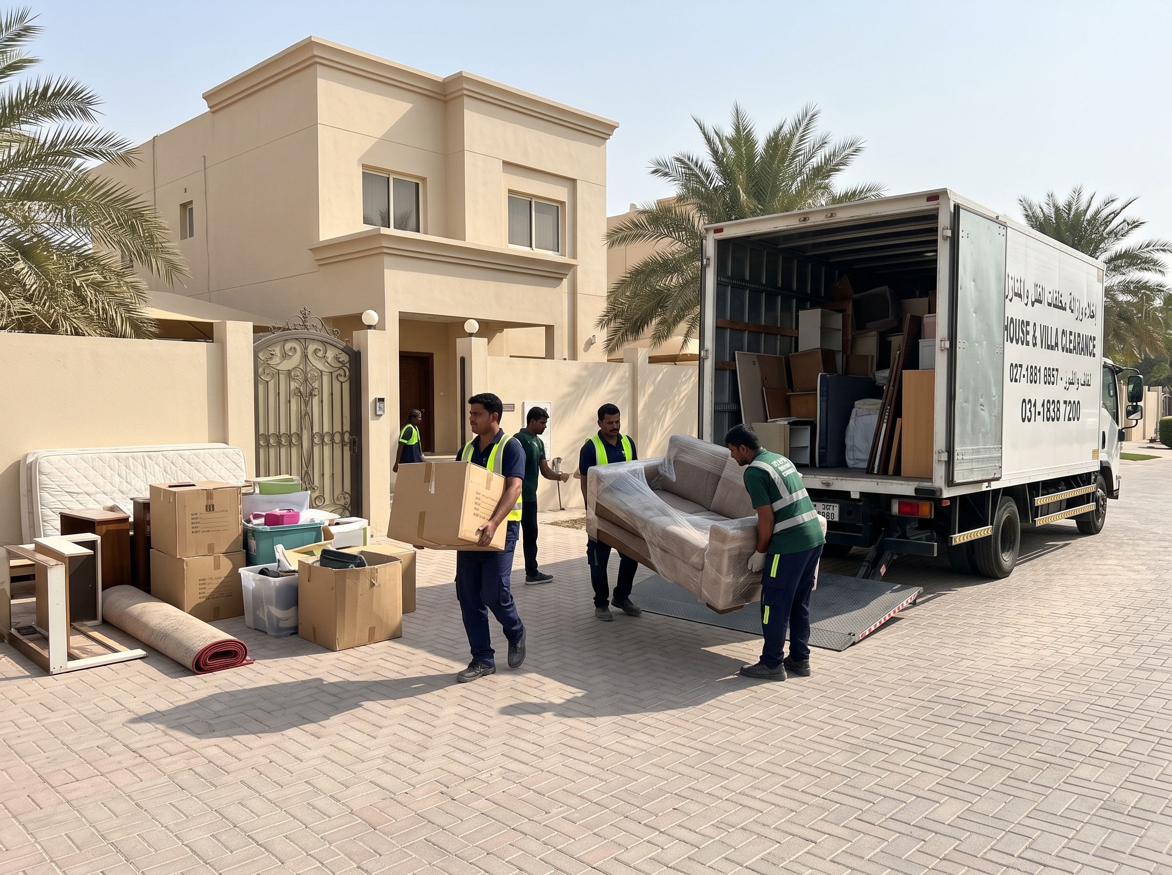 Crew loading a wrapped sofa, boxes, a mattress and a rolled carpet into a box truck outside a Dubai villa