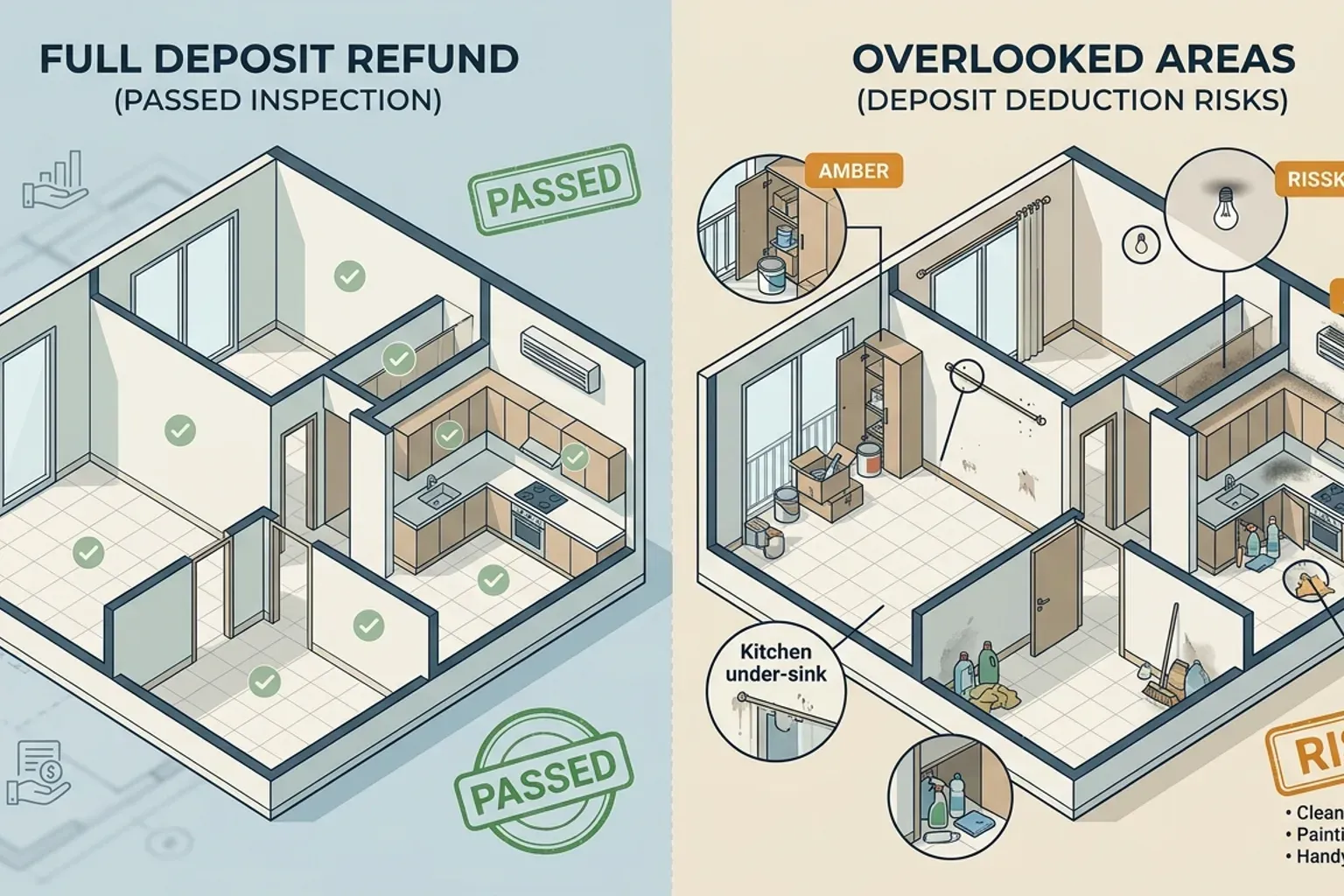 A side-by-side comparison diagram showing a fully cleared property passing inspection without deductions versus common overlooked spots like balcony storage and curtain fixtures.