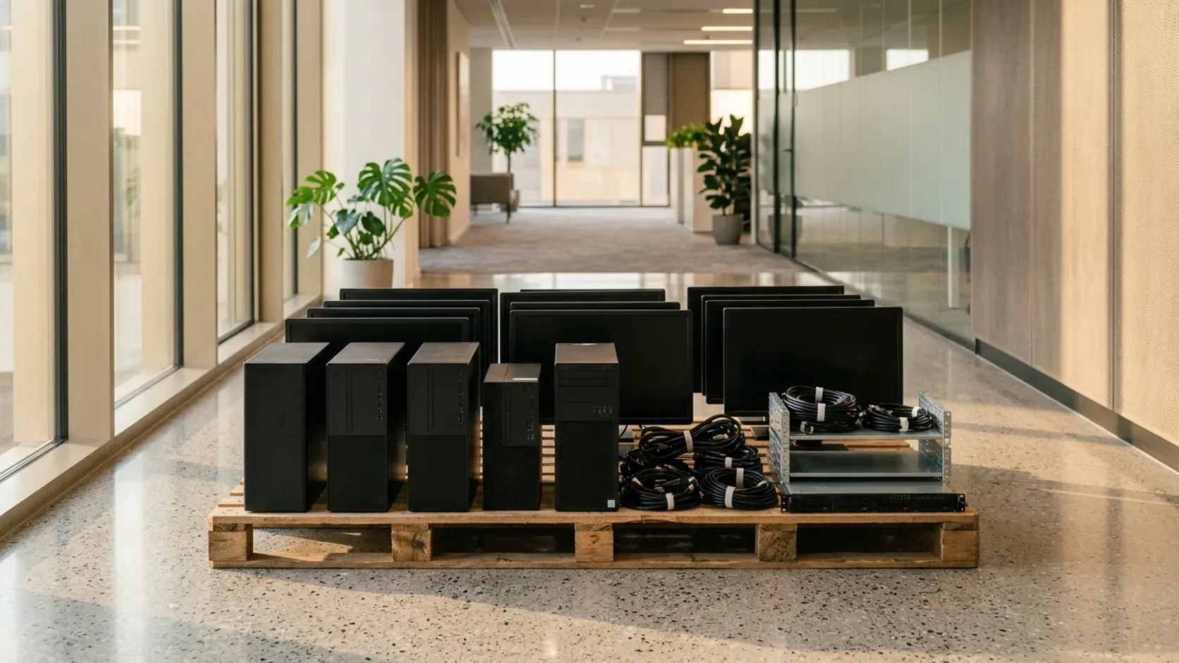 Neatly grouped decommissioned office computers, monitors and server equipment staged along a clear hallway in a modern Dubai commercial office.