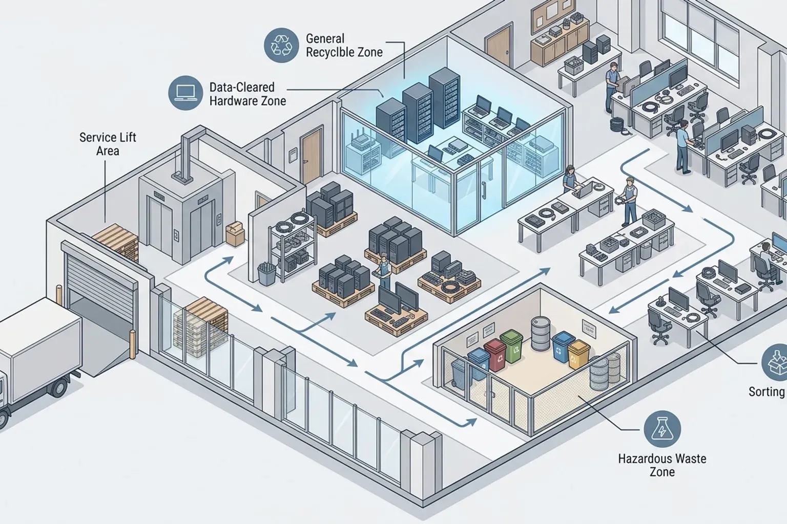 An isometric diagram separating office IT equipment into data-cleared hardware, recyclable components, and isolated battery and power units beside a loading bay route.
