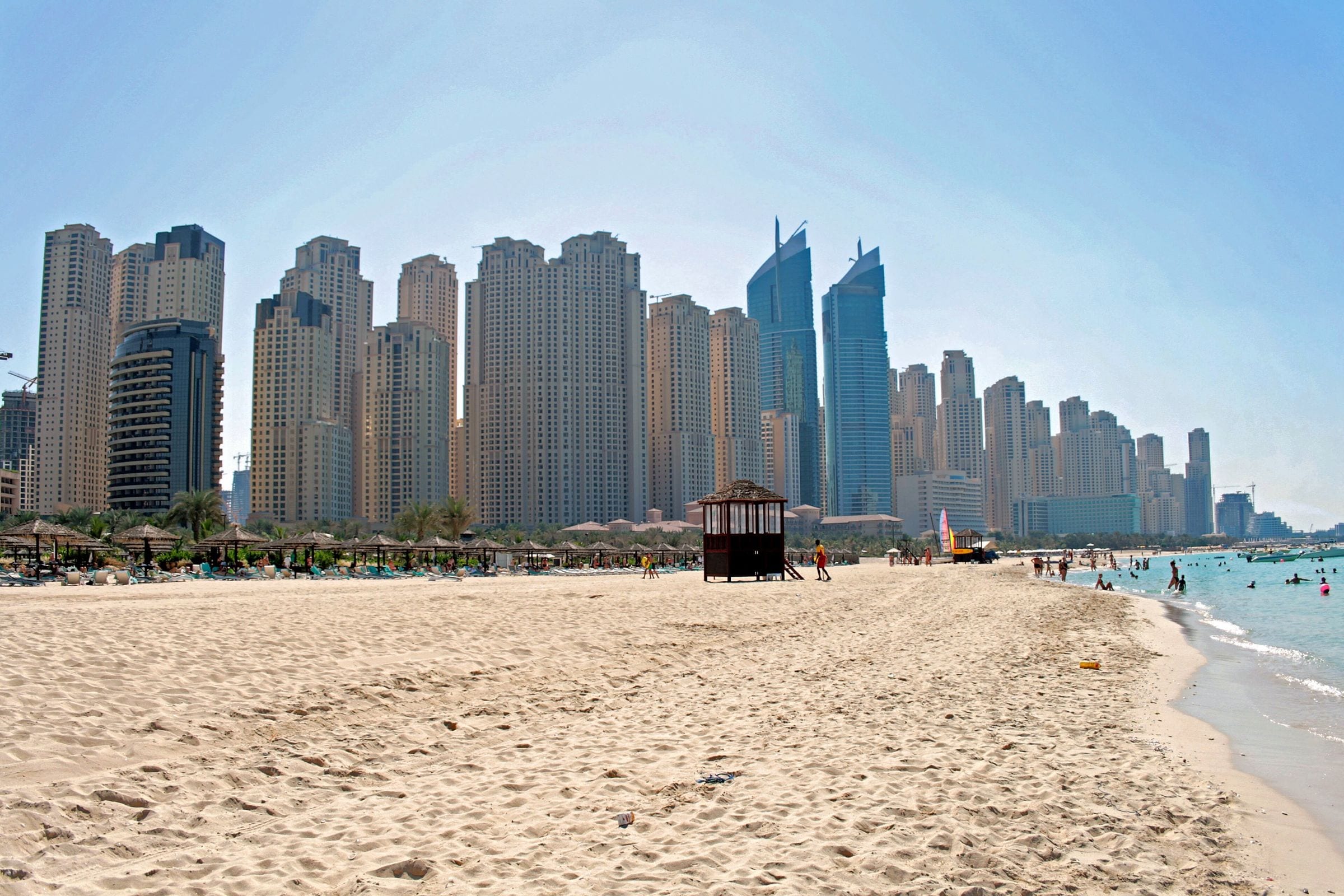 The Jumeirah Beach Residence towers seen from the beach