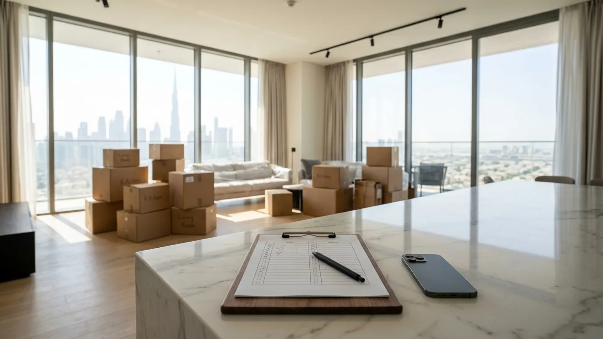 A bright, elegant Dubai apartment living room counter with an inventory clipboard and smartphone resting in the foreground with neatly grouped furniture in the background.