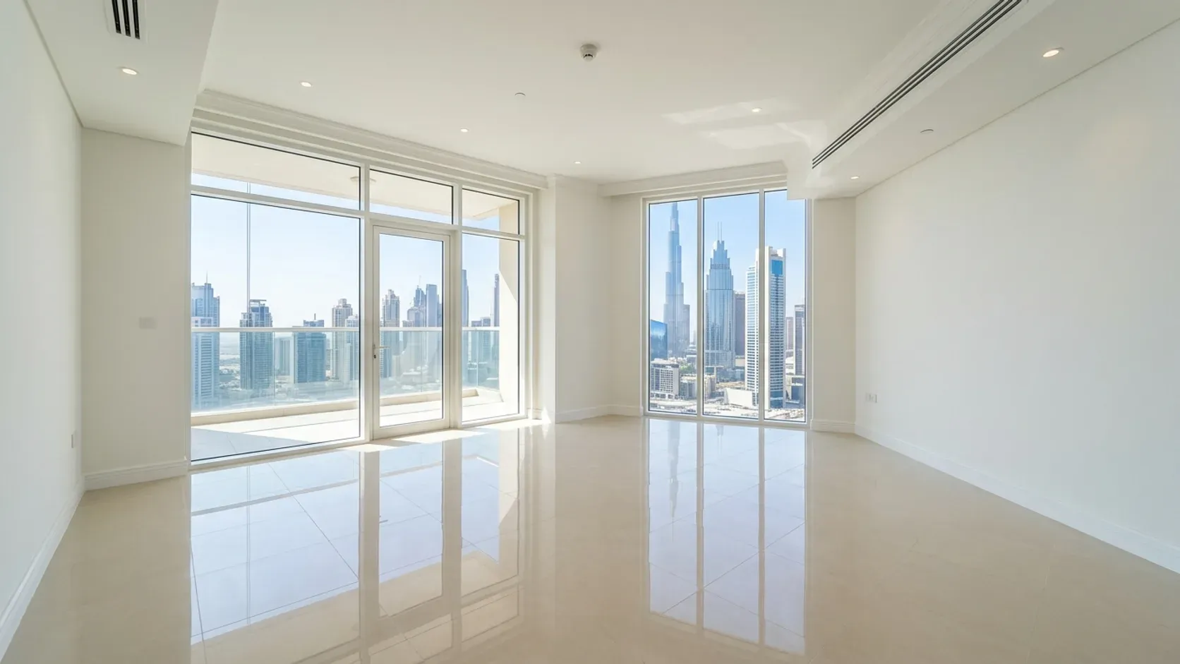 A spotless, completely cleared Dubai rental apartment living room prepared for the final landlord handover walkthrough and key return.