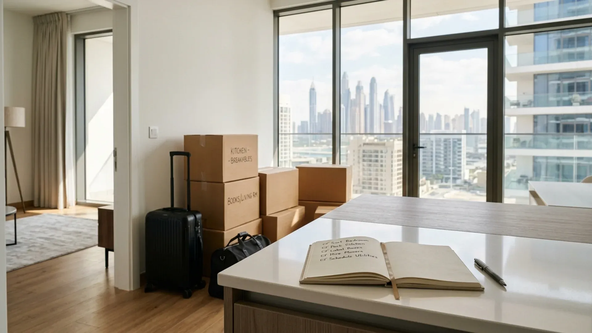An organized moving scene inside a bright Dubai apartment with a checklist notebook on a counter in the foreground and neatly stacked moving boxes in the background.