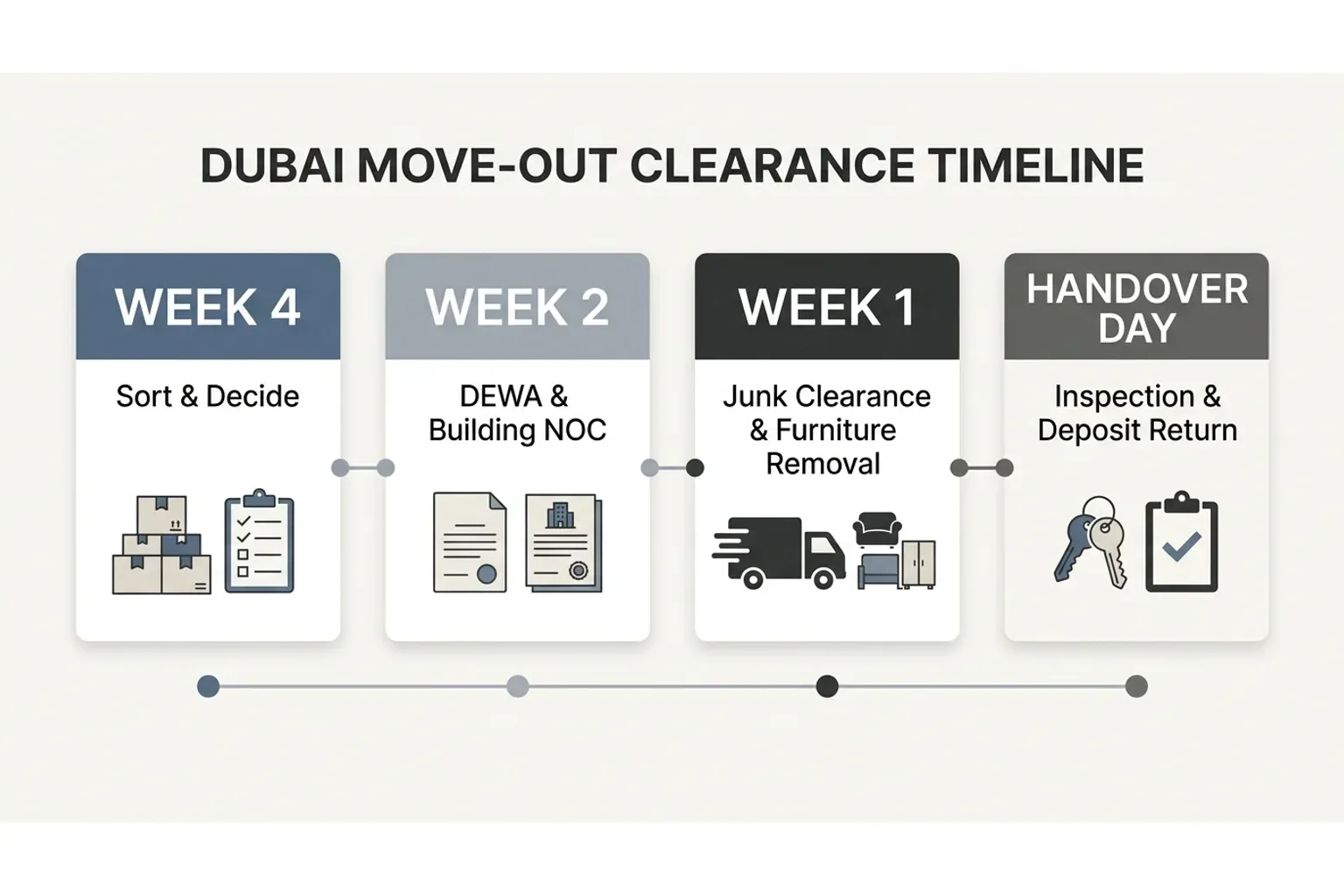 A horizontal process timeline diagram illustrating the four-week clearance countdown for leaving Dubai, showing sorting, utility disconnection and NOC, junk removal, and handover inspection.
