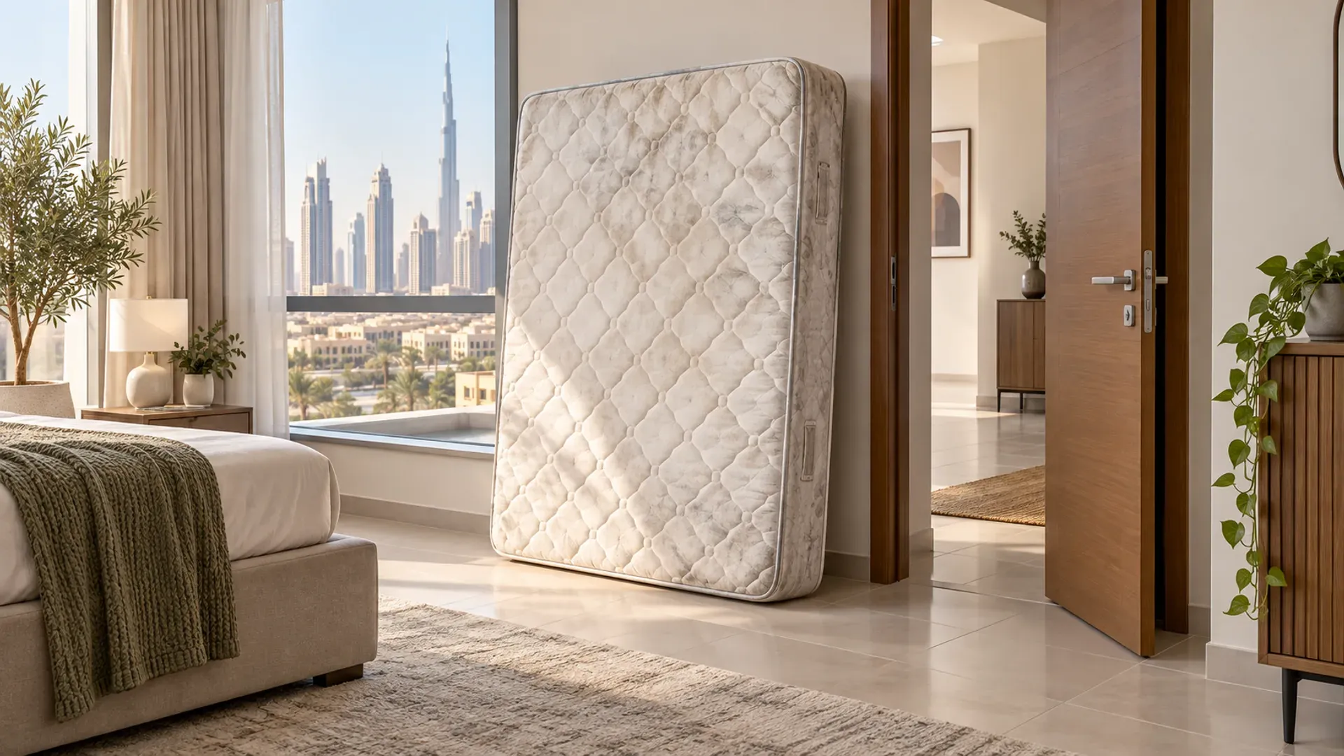 A used mattress standing upright beside an open bedroom doorway in a bright apartment.