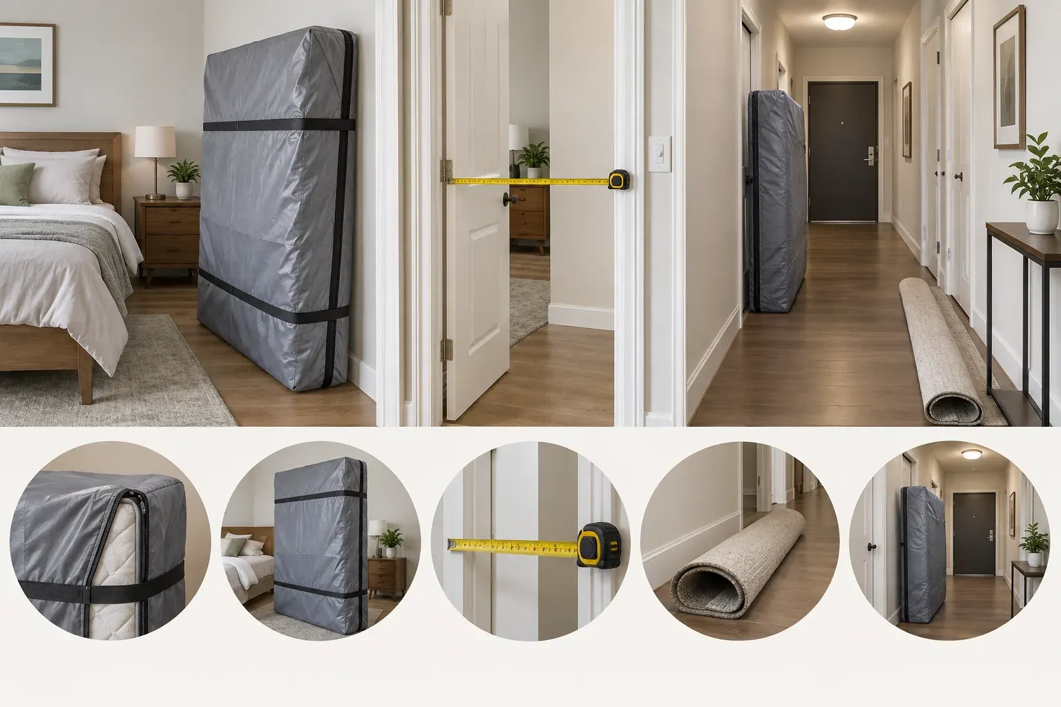 A covered mattress beside a measured doorway and a clear apartment corridor.