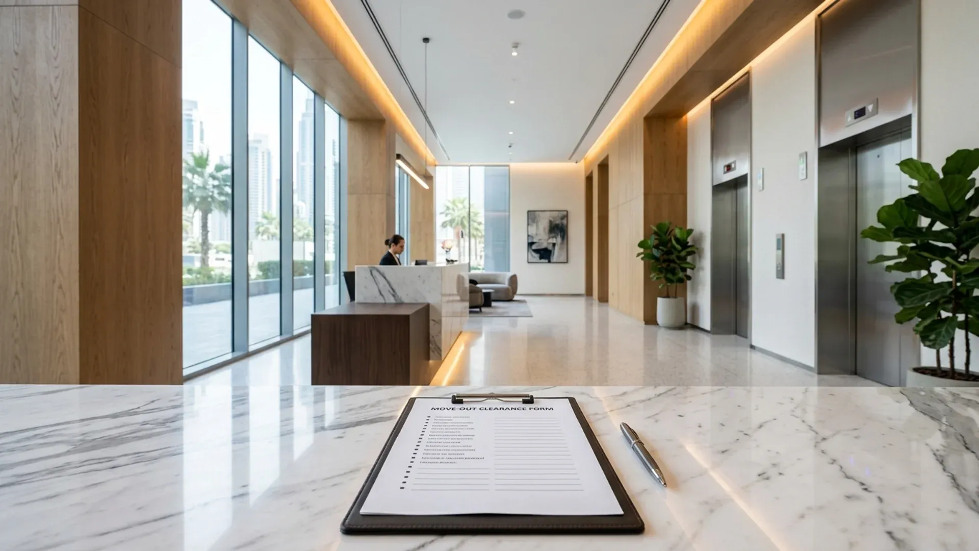 A modern Dubai apartment building reception desk with a move-out clearance checklist on a clipboard in the foreground and a clear corridor leading to service lifts.