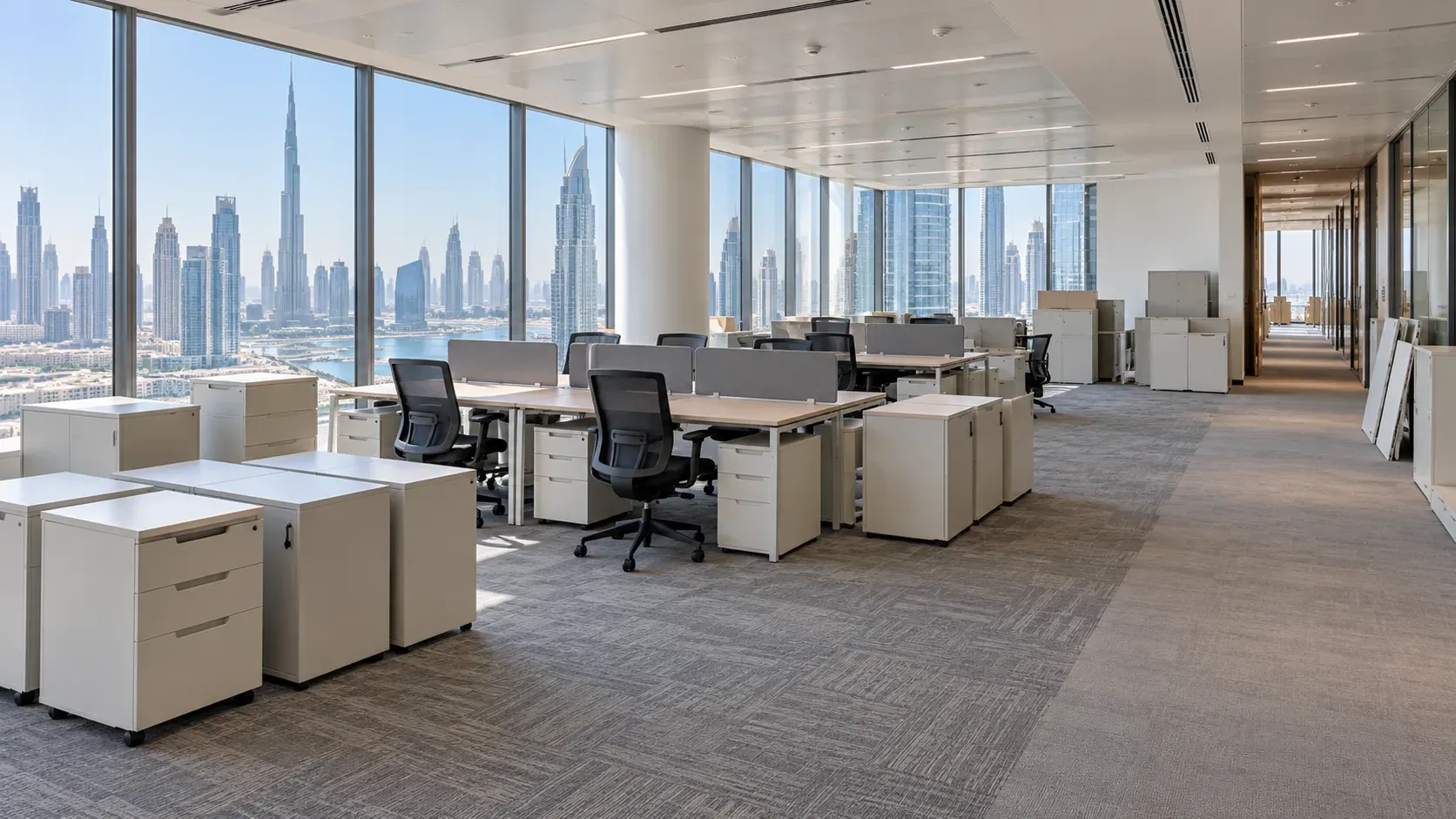 Groups of unbranded desks, task chairs and cabinets in a bright generic office floor with a clear corridor.