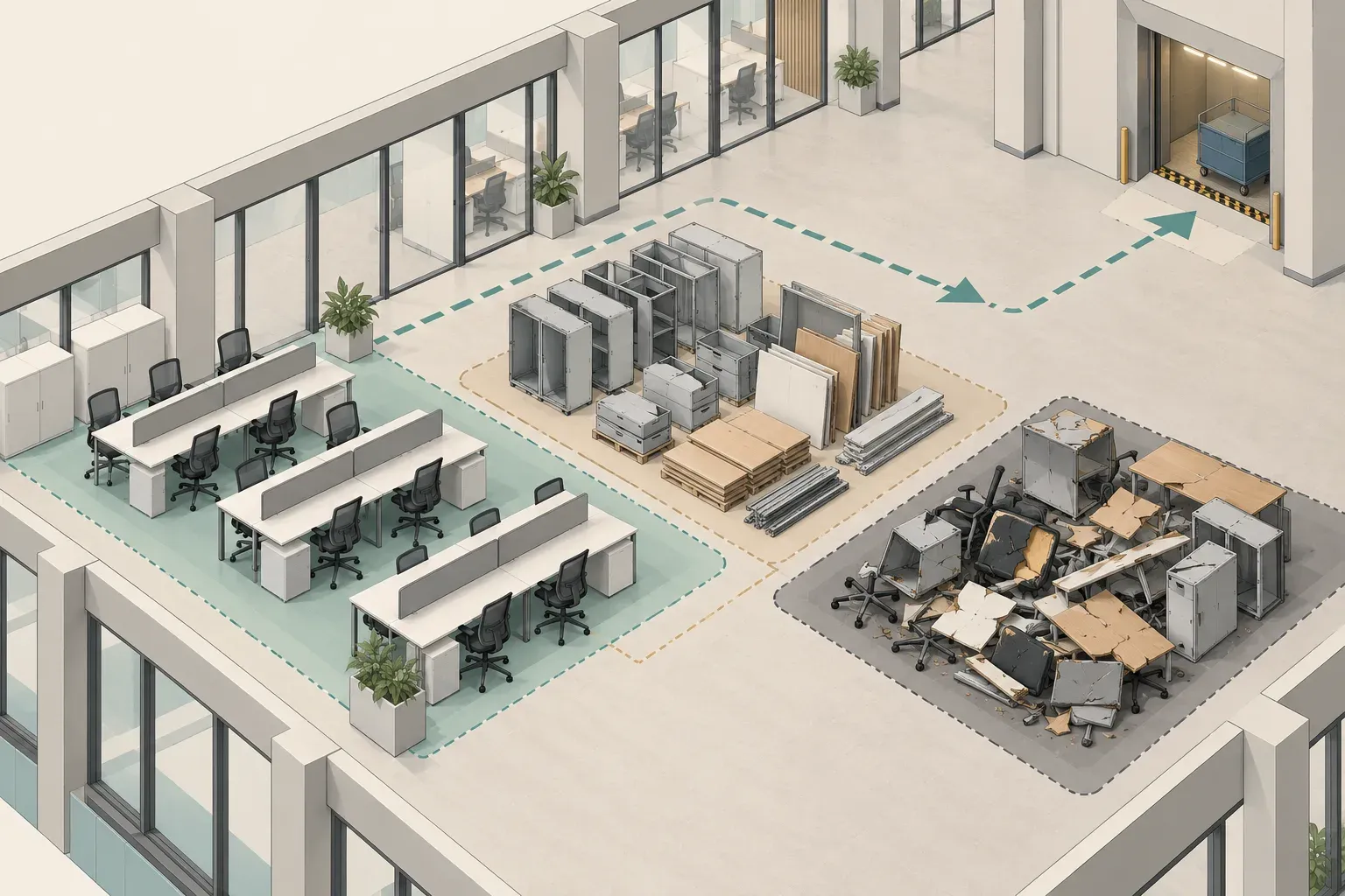 An isometric office plan separating reusable furniture, metal and wood components, and damaged items beside a clear lift route.